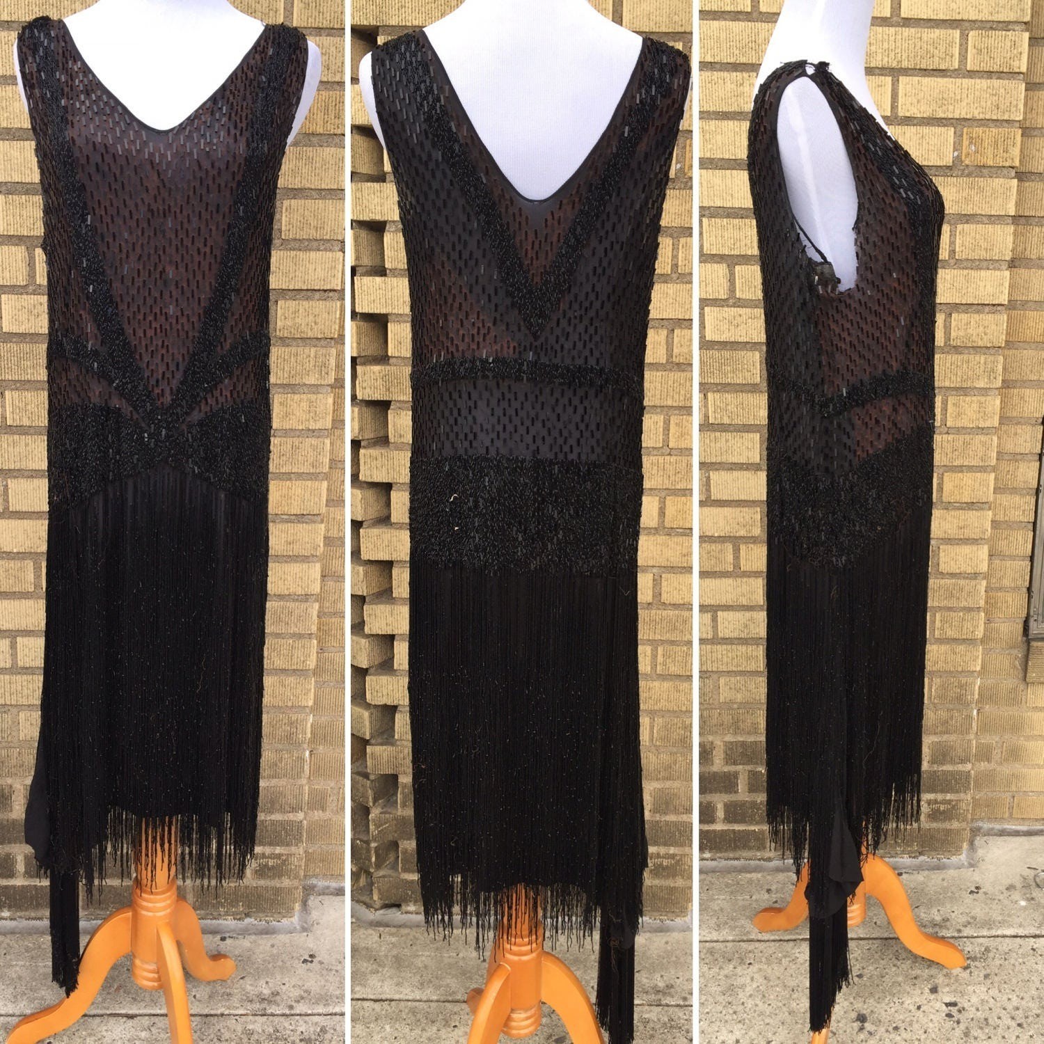 Rare 1920s Beaded Sequin Flapper Dress, Black Silk Chiffon Fringe, XS/S