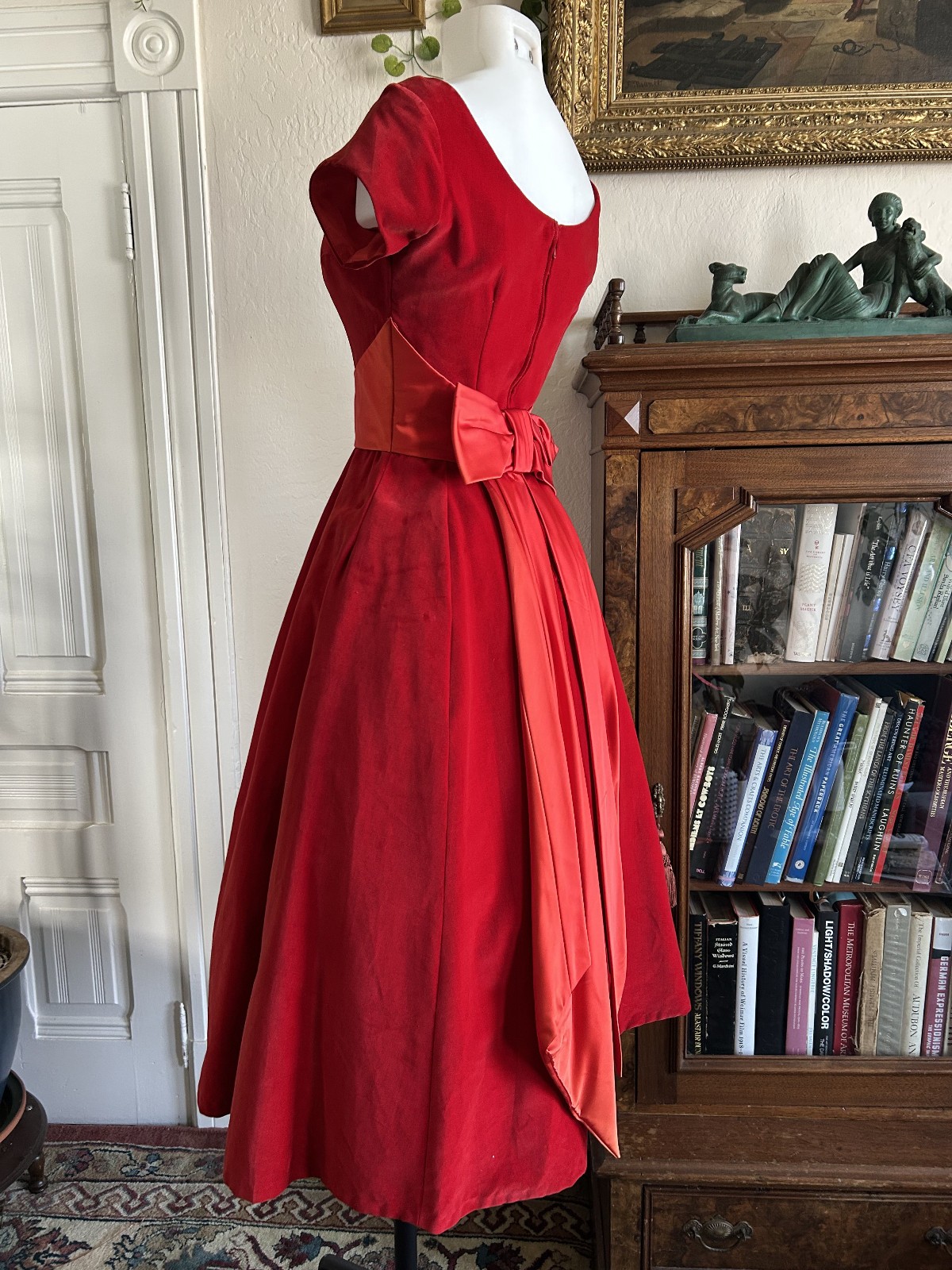 Vintage 1950s Ruby Red Velvet Party Dress Satin Sash Full Skirt XS Formal Bow