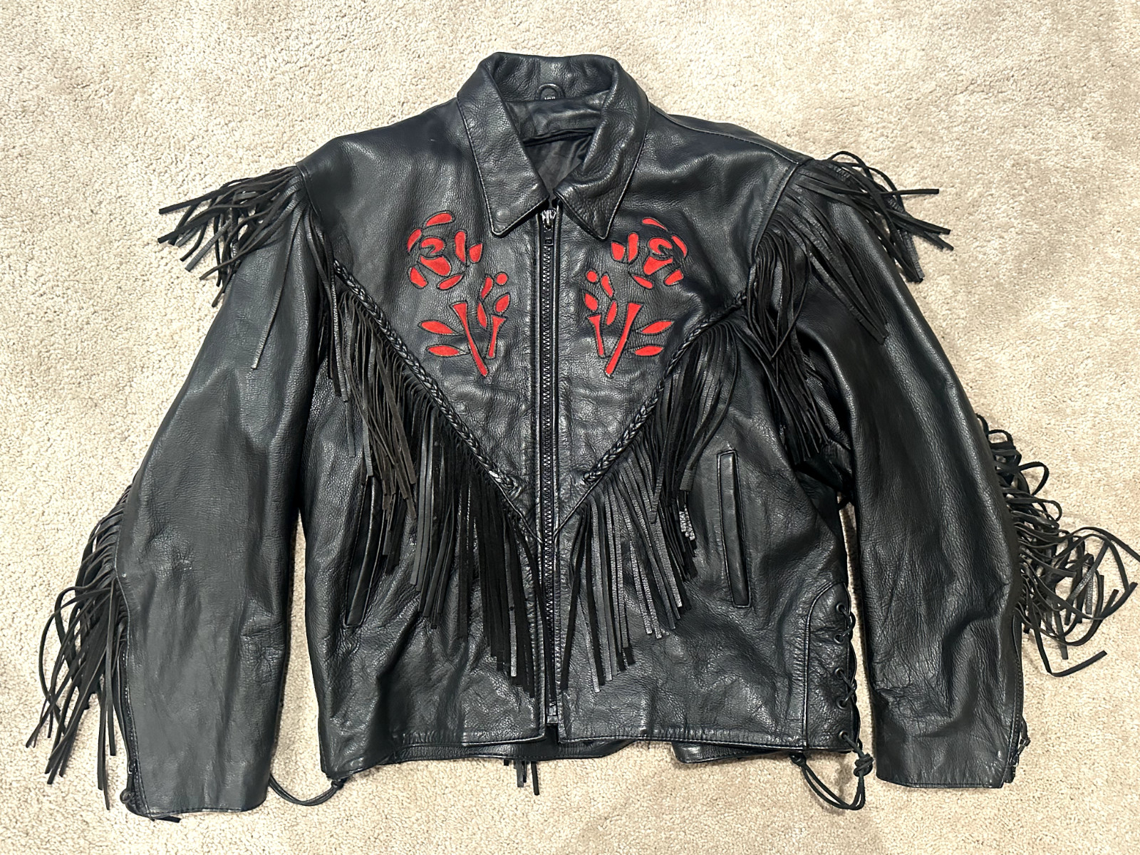 Vintage 80s Women’s Leather Biker Jacket 2XL Red Tassel Rose Embossed