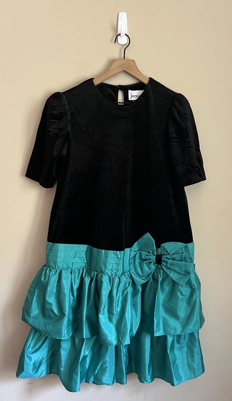 80s 90s Prom Dress Vintage Party Black Gown Bow Formal Size XS 0 2 Ruffles
