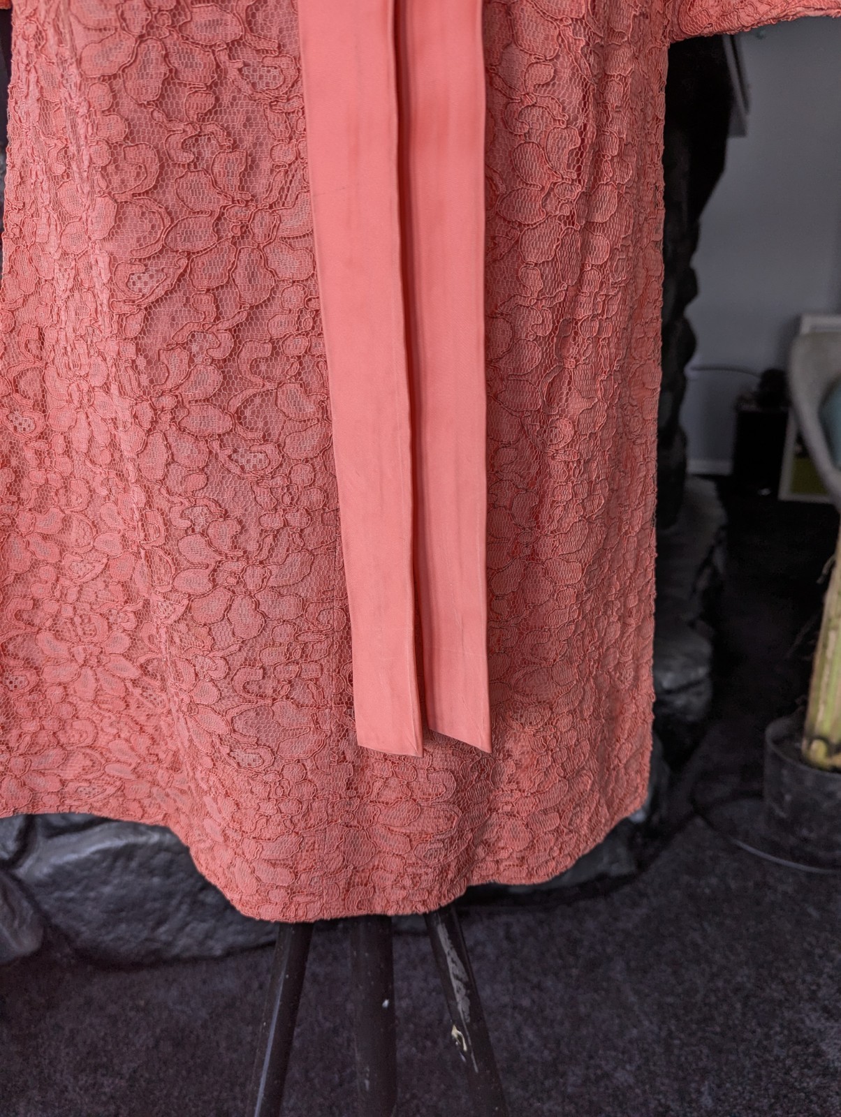 Vtg 60s Coral Peach Lace A-line Dress Bell Sleeves Satin Bow Sz M Party Cocktail
