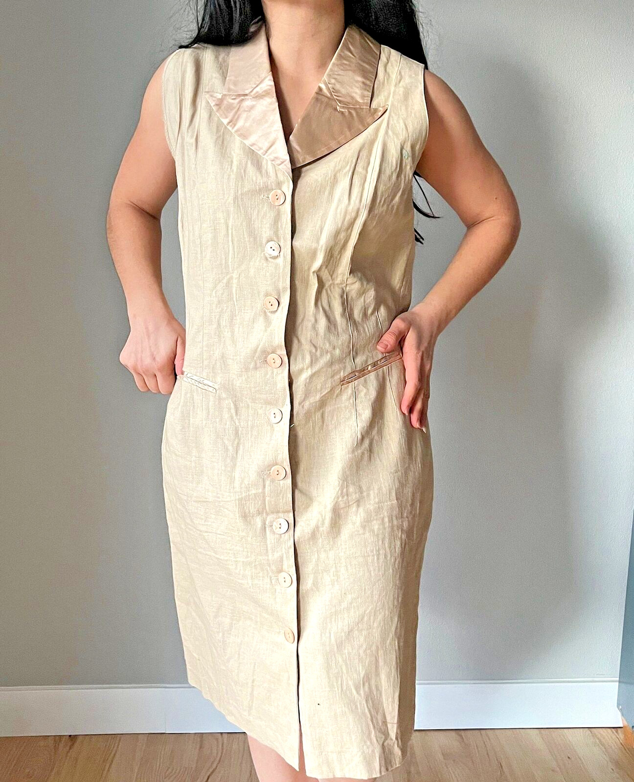 Vtg 90s Womens beige Linen tuxedo Suit shirt Dress Old Money Secretary size 14