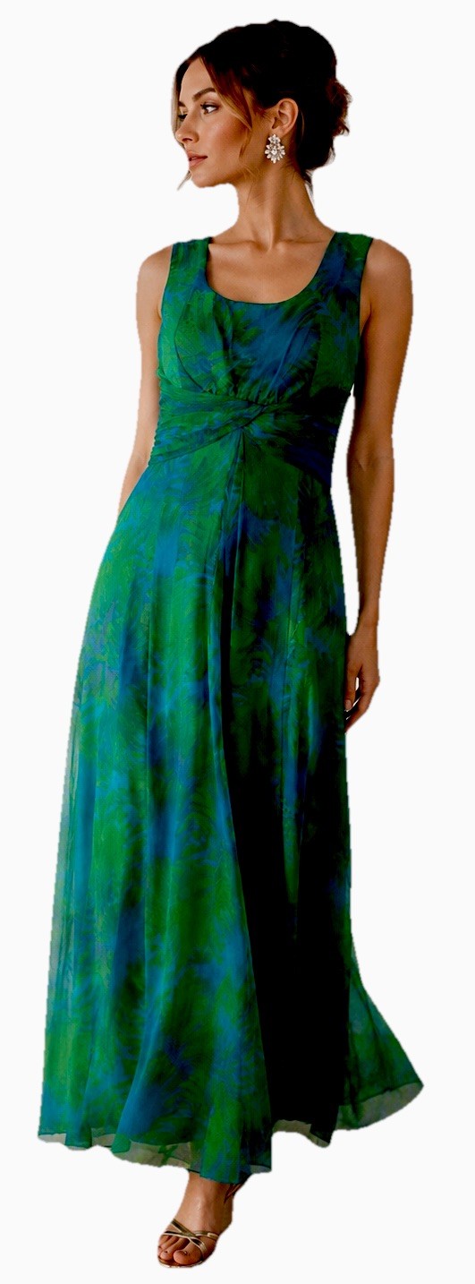 VTG 60s Custom Made Goddess Empire Bust Silk Chiffon Ruched Waist Maxi Dress S