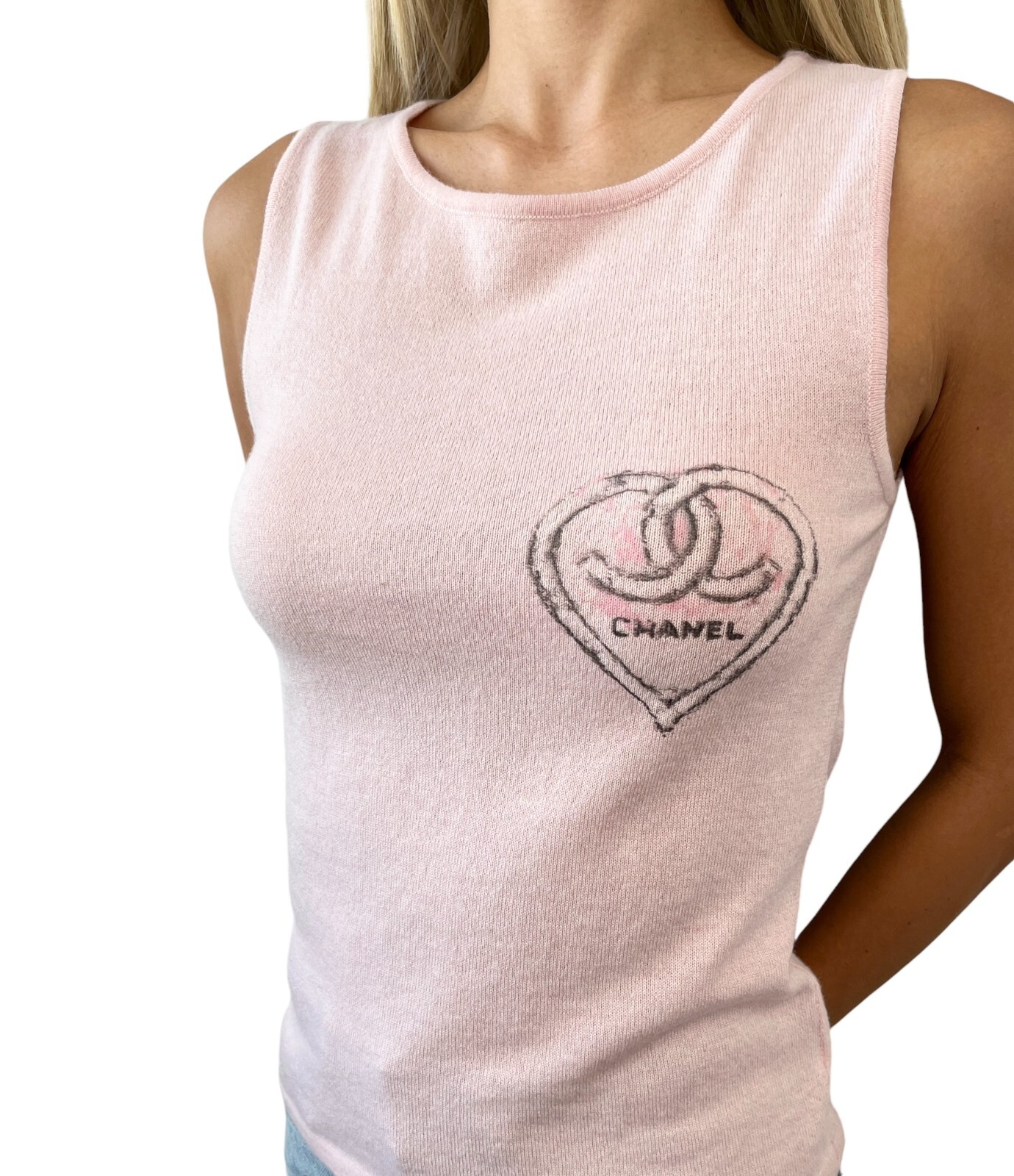 CHANEL Vintage 09C CC Mark Logo Heart Knit Tank Top #34 Pink Cashmere Rank AB+