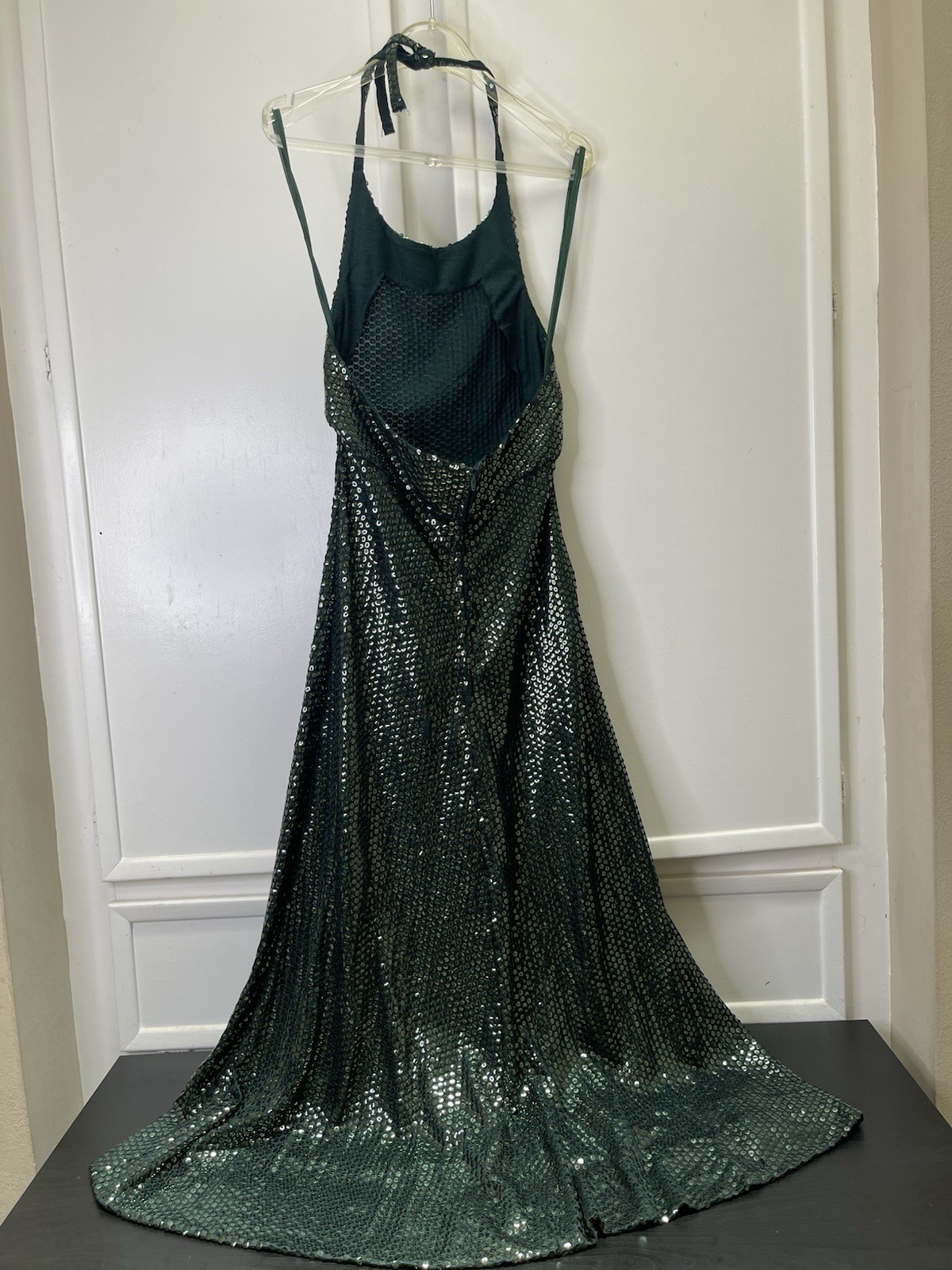 Vtg 70s Emerald Green Sequin Halter Maxi Dress ILGWU Union Made Disco Glam XS/S