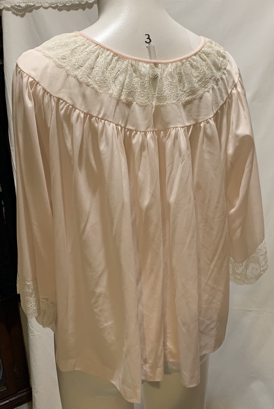 ❤️Vintage Bed Jacket M/L Pink Nylon Chiffon & Lace Mid Century 50s