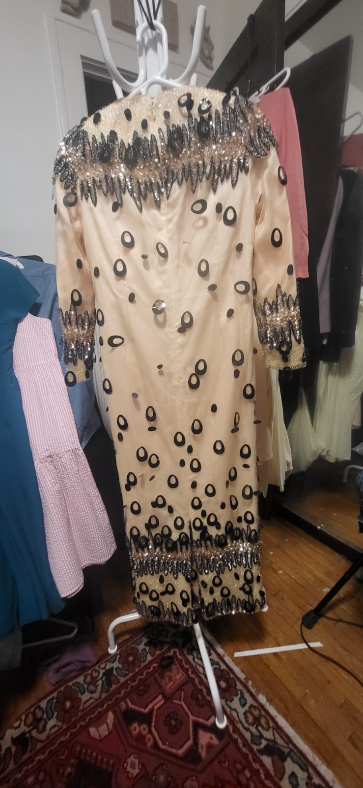 Vintage Custom Peach Pink Beads & Bangles Straight Cut Midi Tea Length Dress S