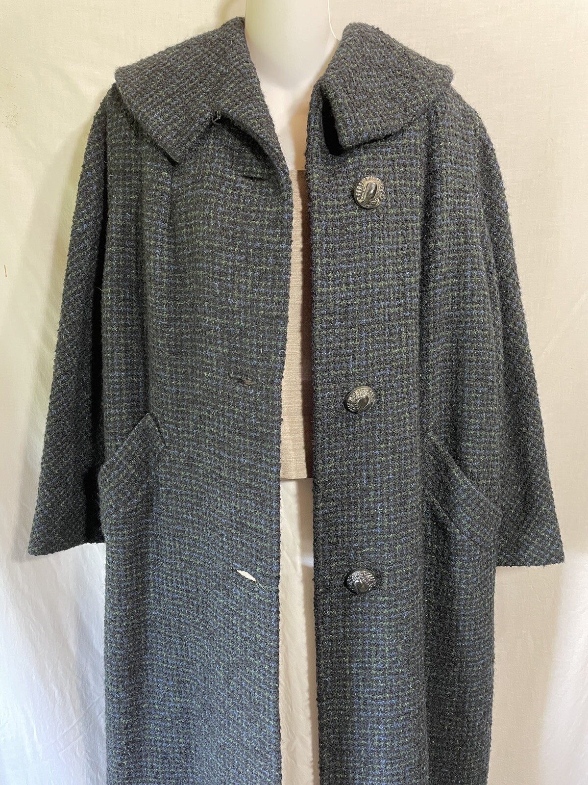 Vintage Coat Size Medium Large Long Wool Black Blue Green Gingham Overcoat M L