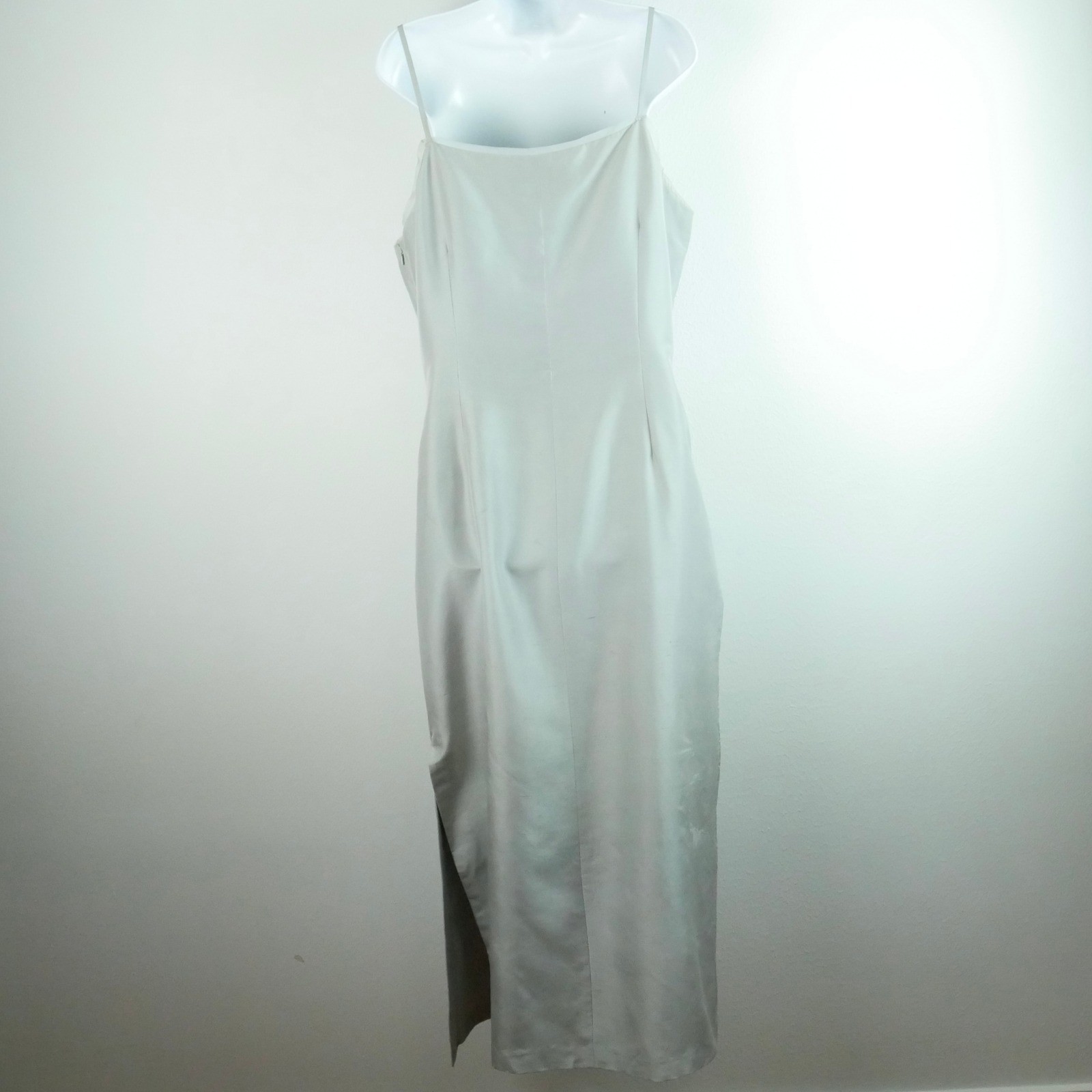 Vintage 100% Raw Silk Gray Square Neck Sheath Dress 16 90s Minimal Chic Maxi