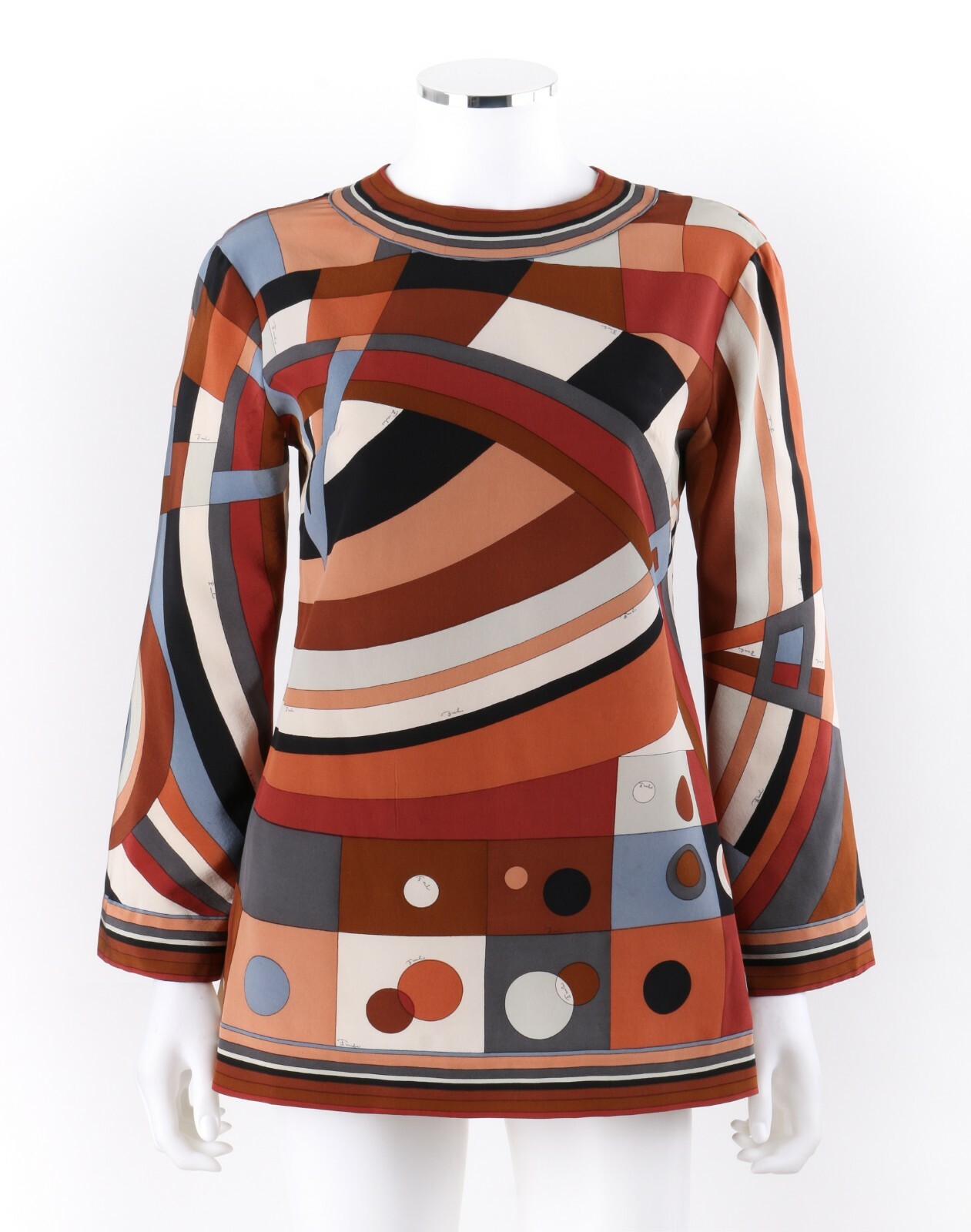 EMILIO PUCCI c.1960&rsquo;s Brown Multicolor Op Art Signature Print Shirt Blouse