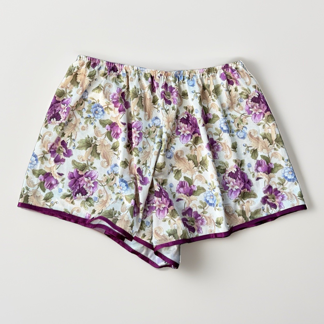 VTG 80s Petra Fashions Floral Satin Tap Shorts Pajama Lingerie Purple Cream L