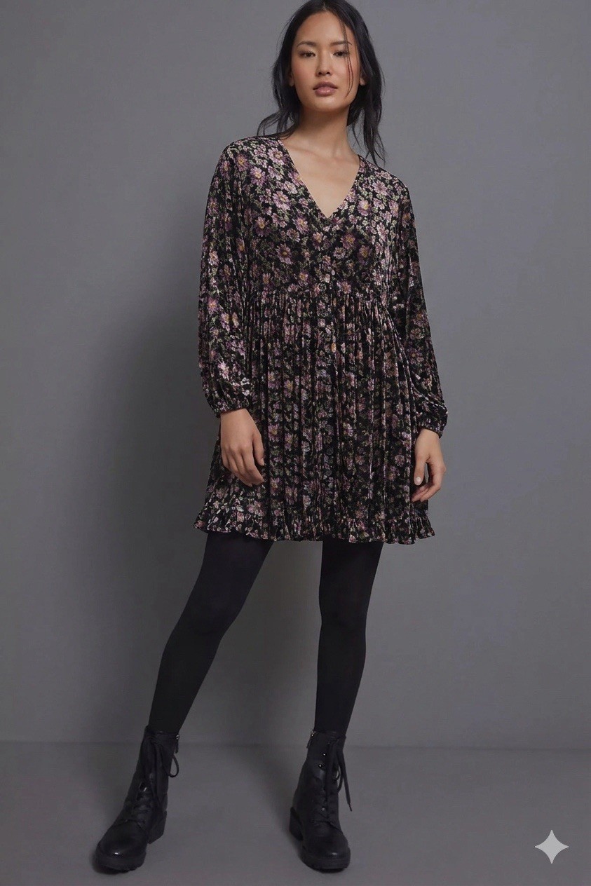 Vintage 90s Nostalgia Dark Floral Velvet Babydoll Dress Whimsigoth Grunge M