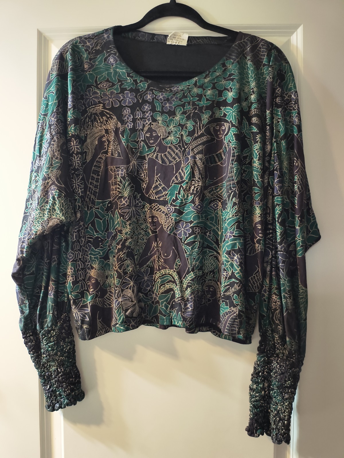Vintage 90s Indonesian Batik Art To Wear Tropical Village Figures Exotic Shirt