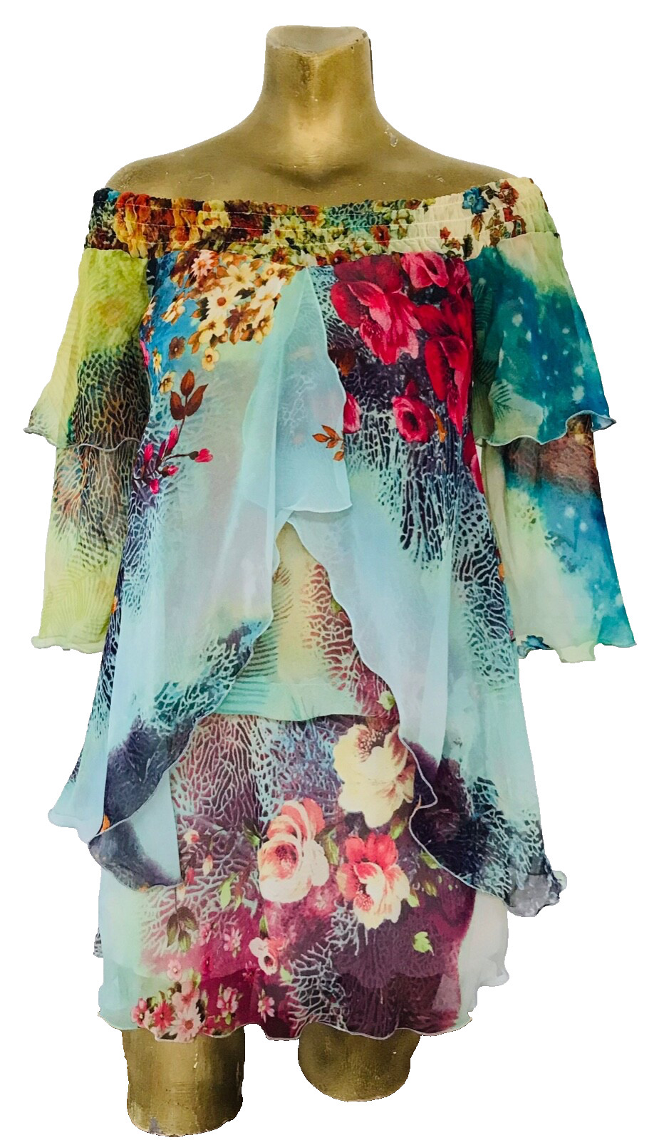TUCCI Vintage Floral Chiffon OFF SHOULDER Tunic Top / MINI DRESS S