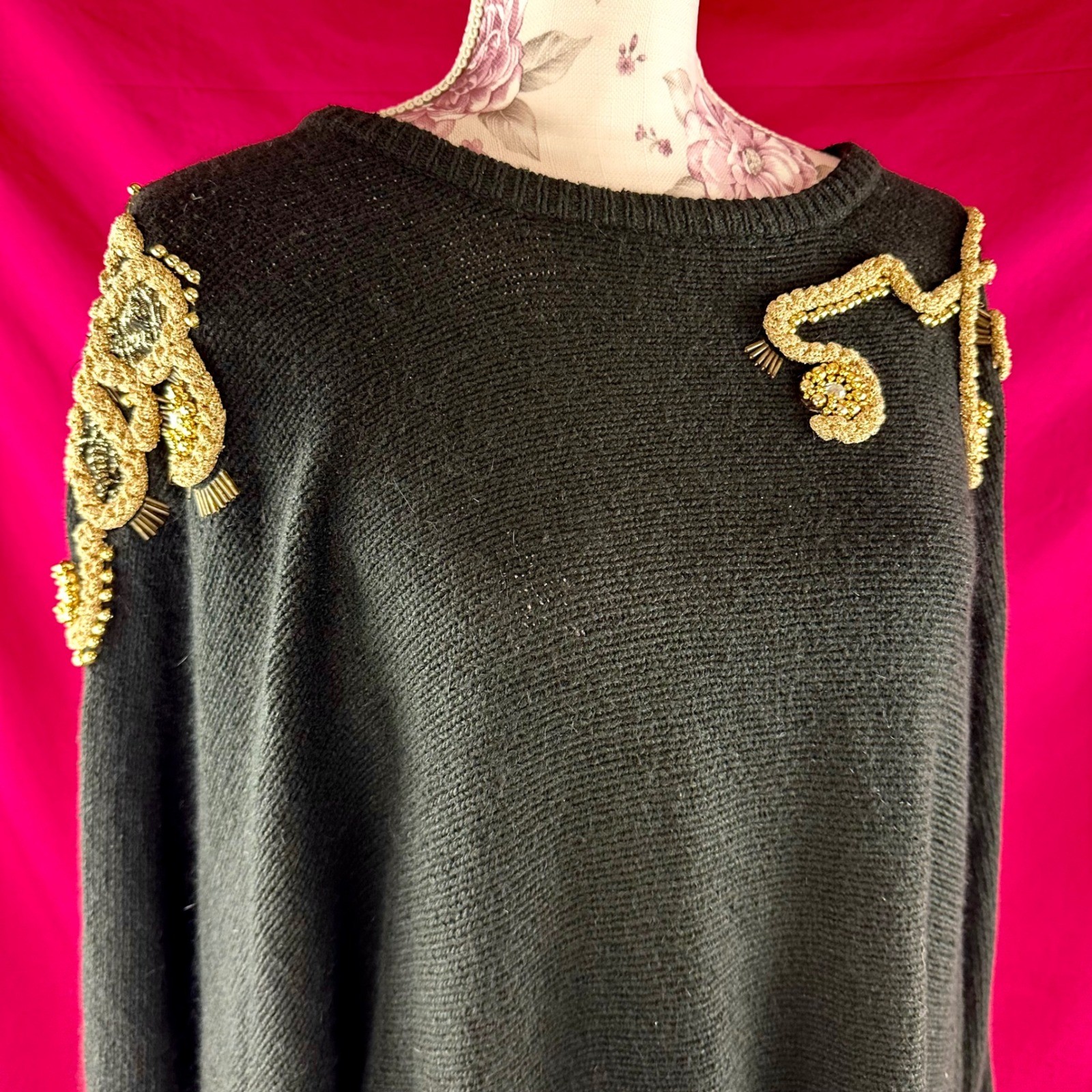Vintage 80s Beaded Rhinestone Sweater Black Gold Angora Silk Wool NYE Plus 26/28