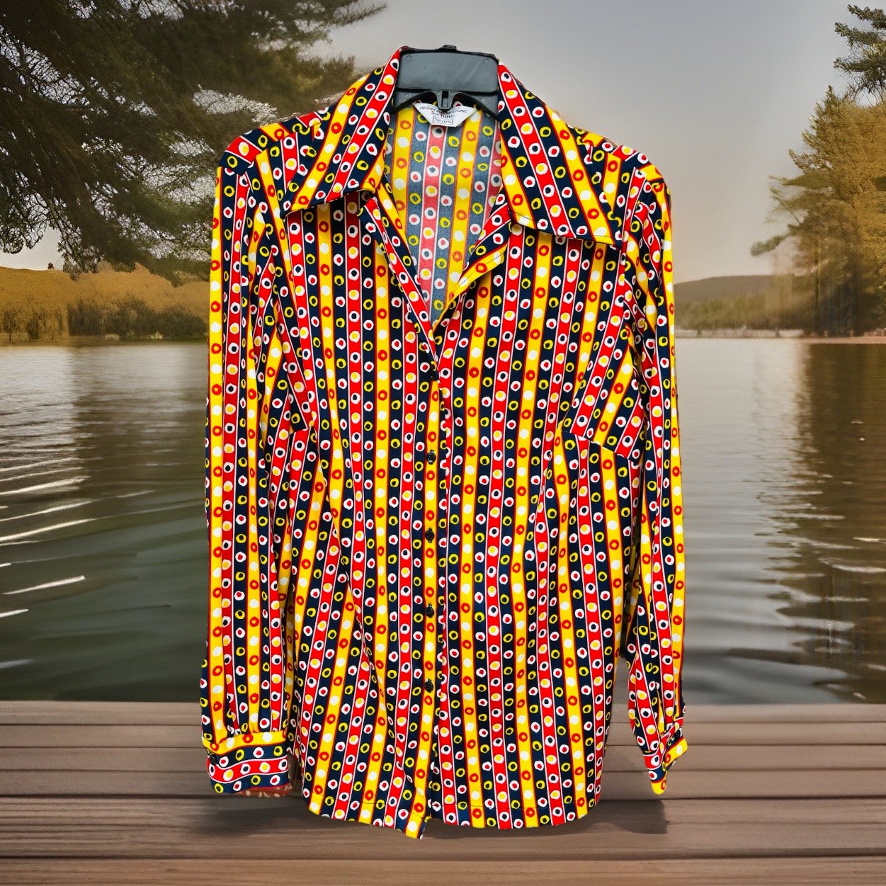 Vtg 70s Sears The Tunic Blouse Geometric Target Pattern Mod XL