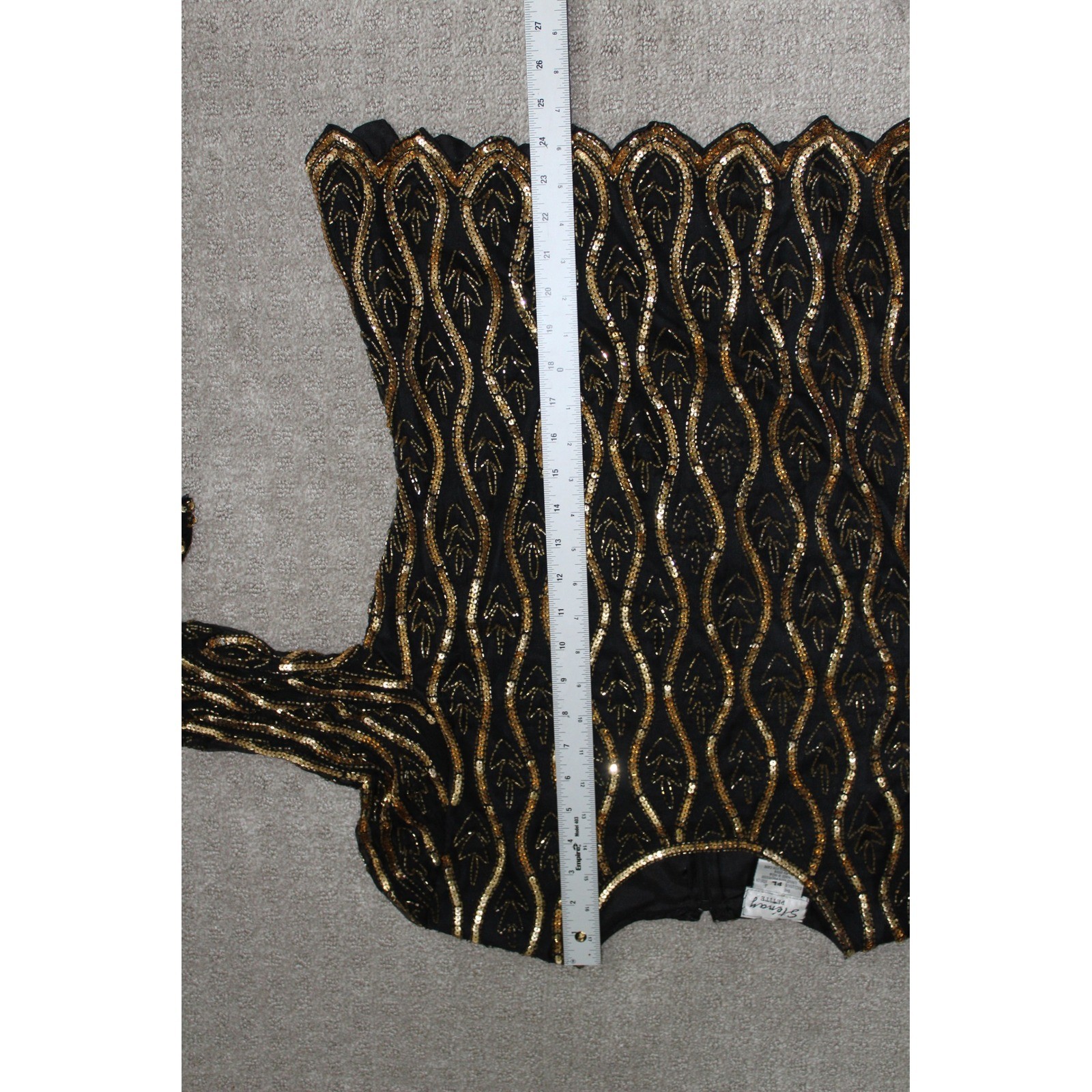 VTG Stenay Petite Gold Sequin Beaded Evening Top Black Art Deco Scalloped PL