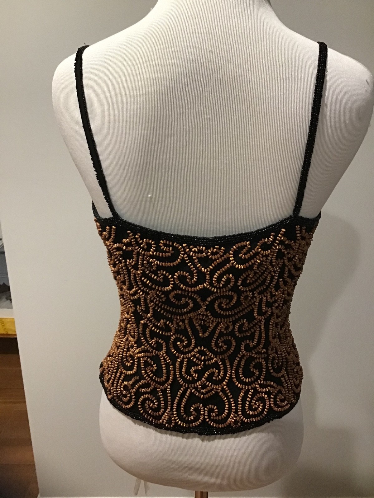 Vintage 90s Cache Black Beaded Cami Top Size 2 Bronze Embellished Boned Corset