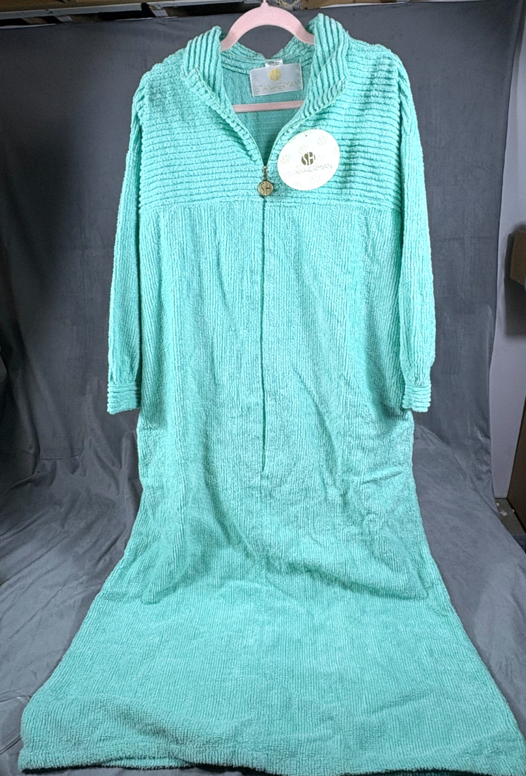 VTG Stan Herman Turquoise Chenille Robe House Coat 1/2 zip Pockets XL P NWT