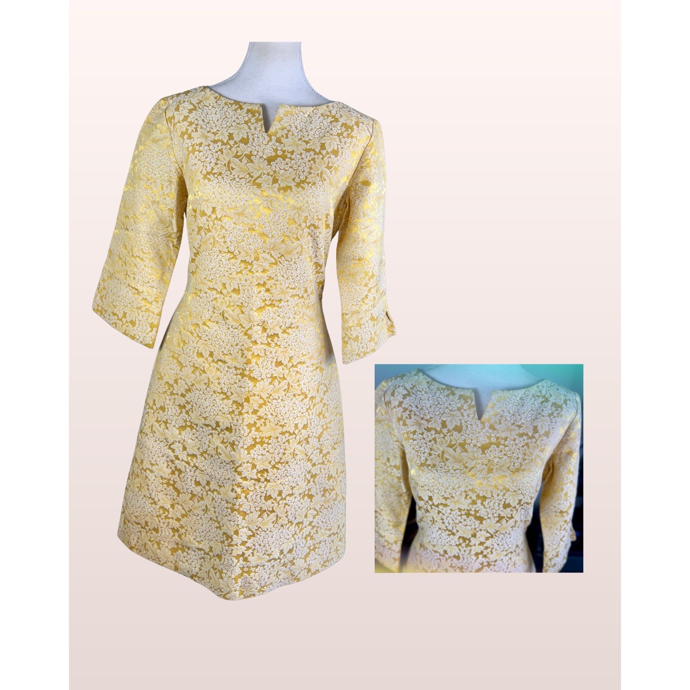 Vintage 60s R&K Originals Gold & White Grape Brocade Cocktail Dress Size 13