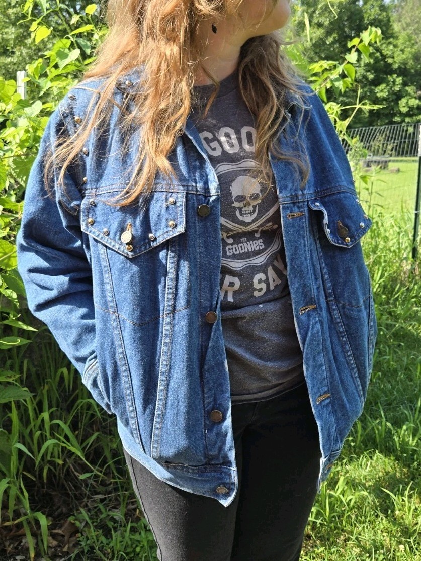 Vtg Denim Trucker Jacket Hand Painted PARTY ANIMAL Rat Studded ANZANI Sz S RARE!