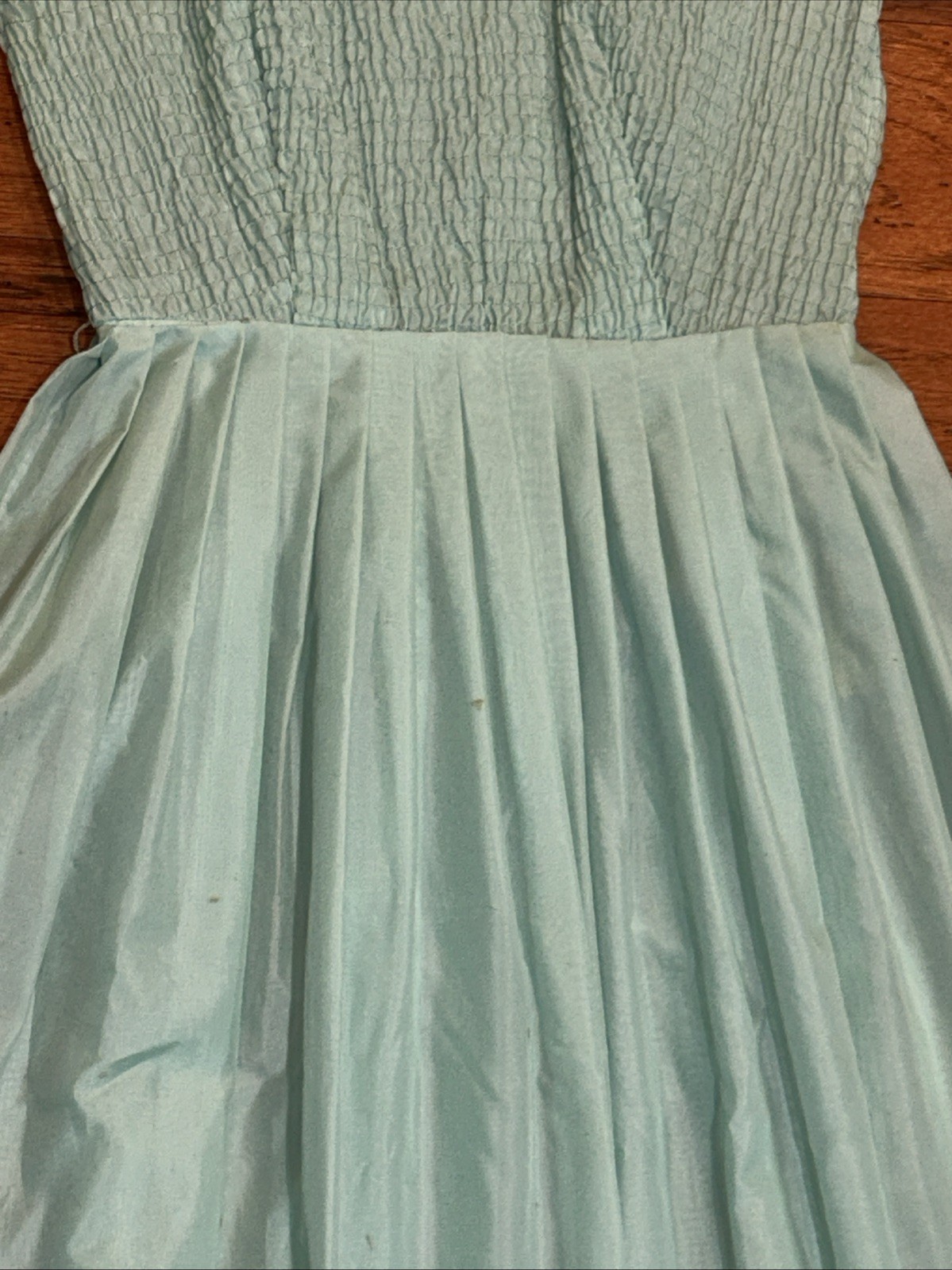 Vtg Women&rsquo;s 50s Sleeveless Seafoam Green Belted Party Dress Chiffon Pleats Sz 12