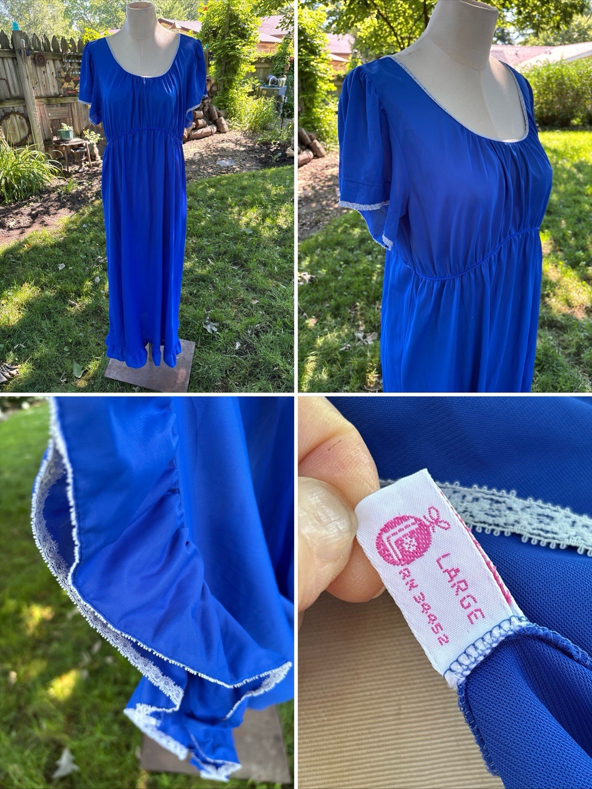 VTG 70s Lorraine Nylon Long Royal Blue Nightgown Women Large Empire Waist B38&Prime;