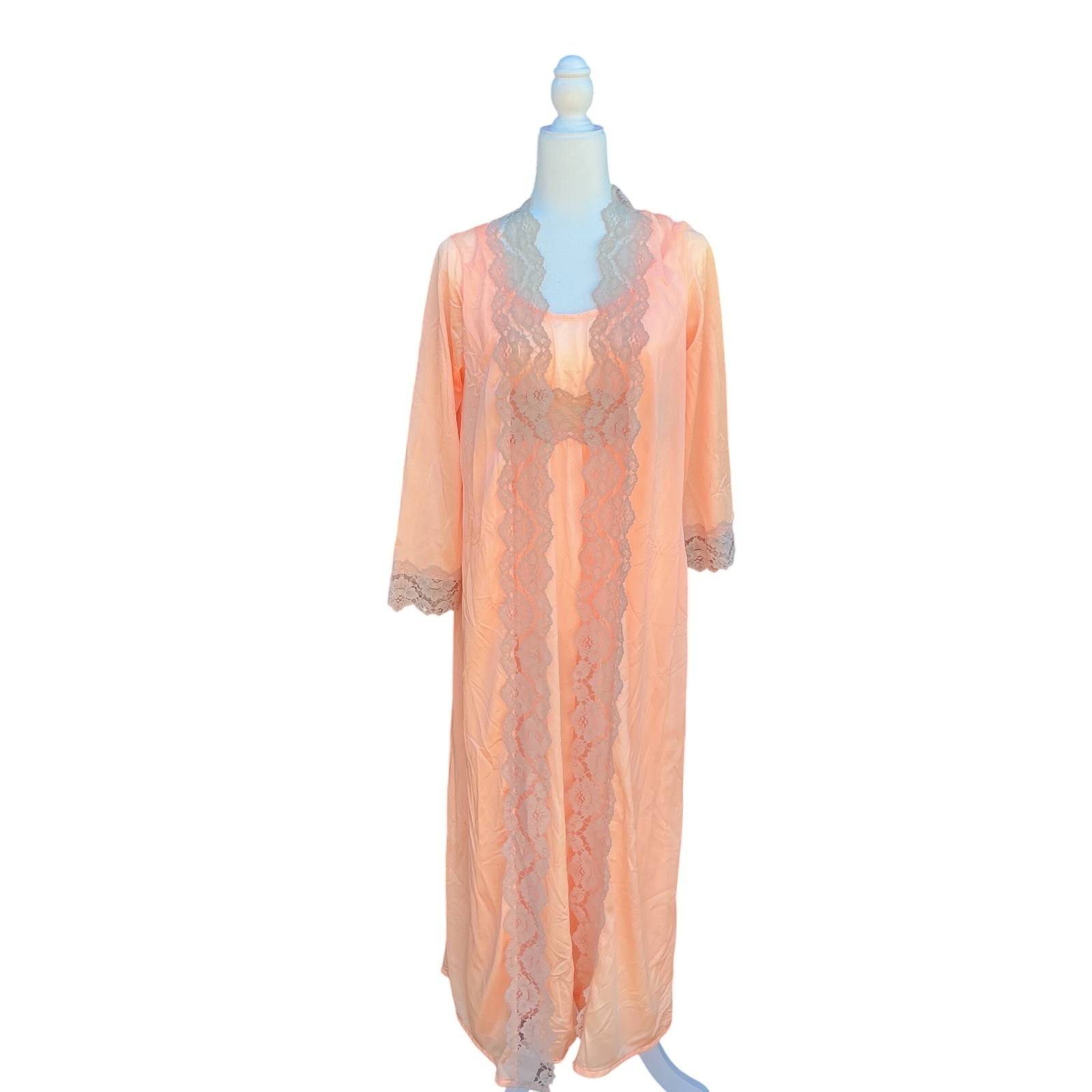 Undercover Wear Peignoir Set Wms S Petite Peach Lace Trim Vintage 70s Romantic