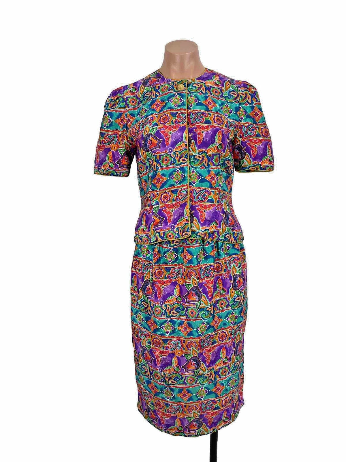 VTG 80s Petites for Maggy Floral puff Sleeves Shiny 2 Piece vintage Dress Suit