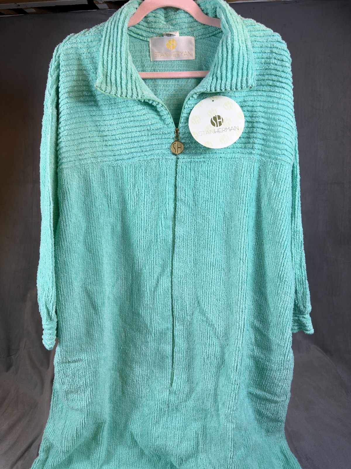 VTG Stan Herman Turquoise Chenille Robe House Coat 1/2 zip Pockets XL P NWT