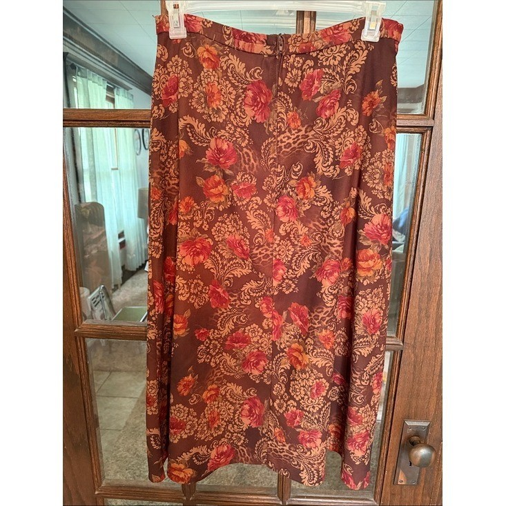 Karin Stevens Vintage Floral Damask Leopard Print Midi Skirt Burgundy Rust Sz 14
