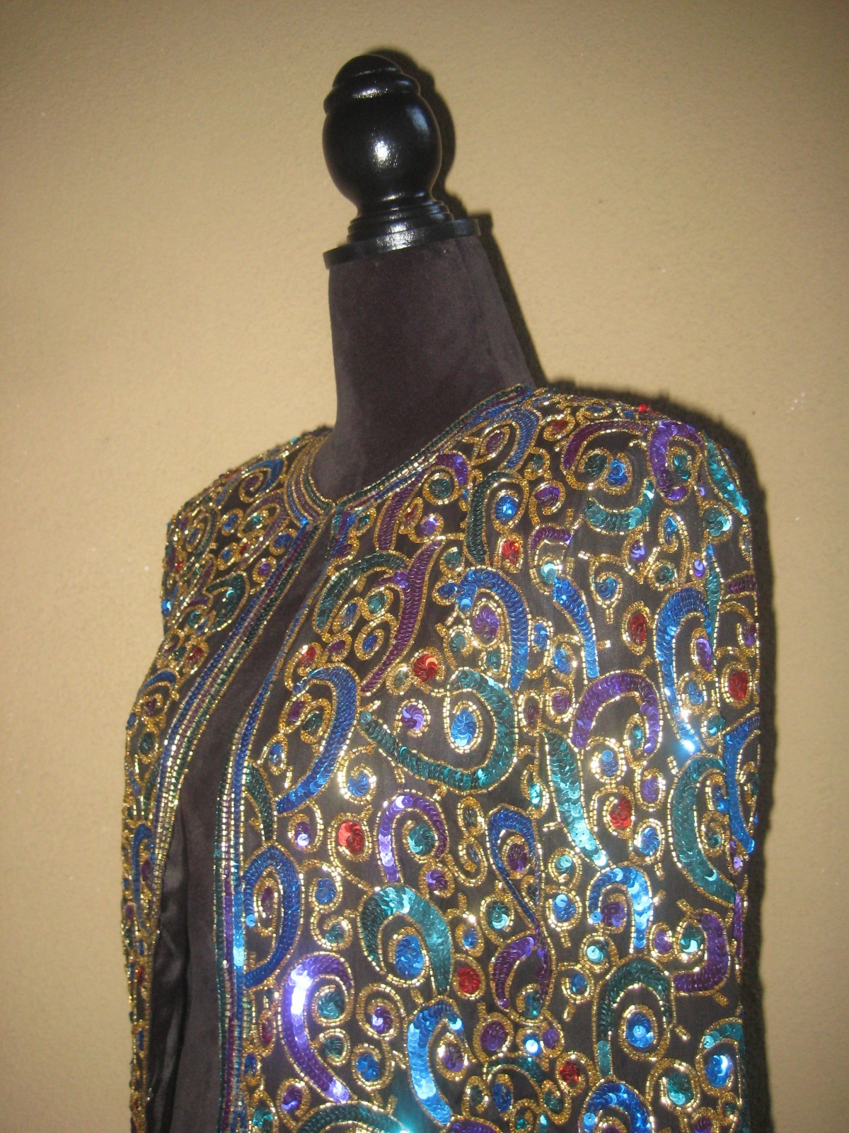 Vintage Scala black silk sequins beads multicolor cropped evening jacket S