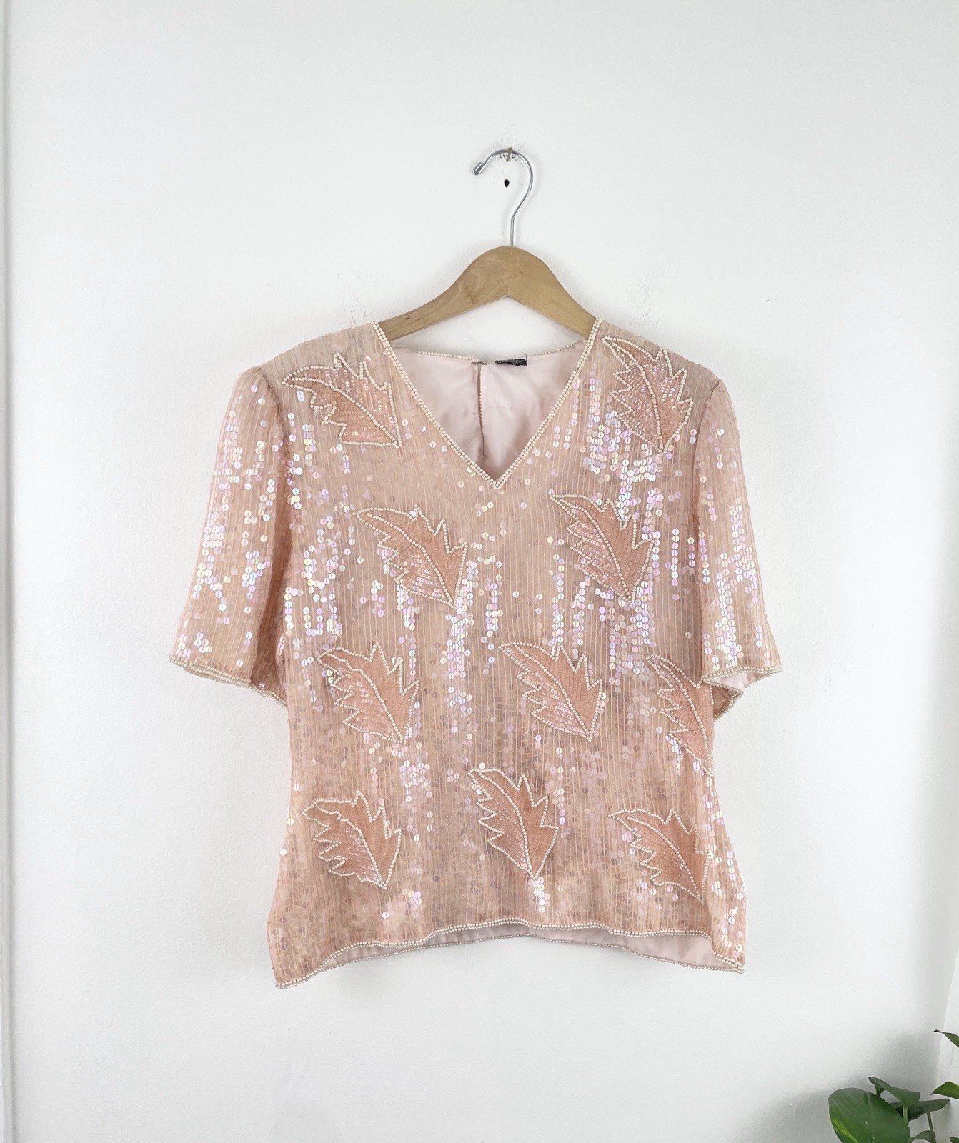 Vintage 100% Silk Beaded Blush Pink Formal Evening Blouse Top Women’s Medium