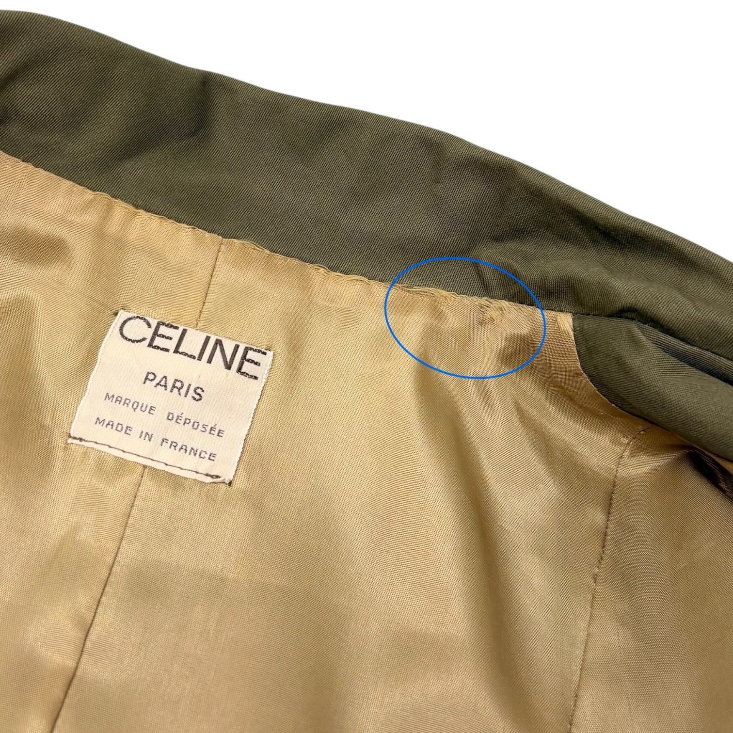 CELINE Vintage Macadam Logo Button Trench Coat Long Jacket Khaki Gold Cotton