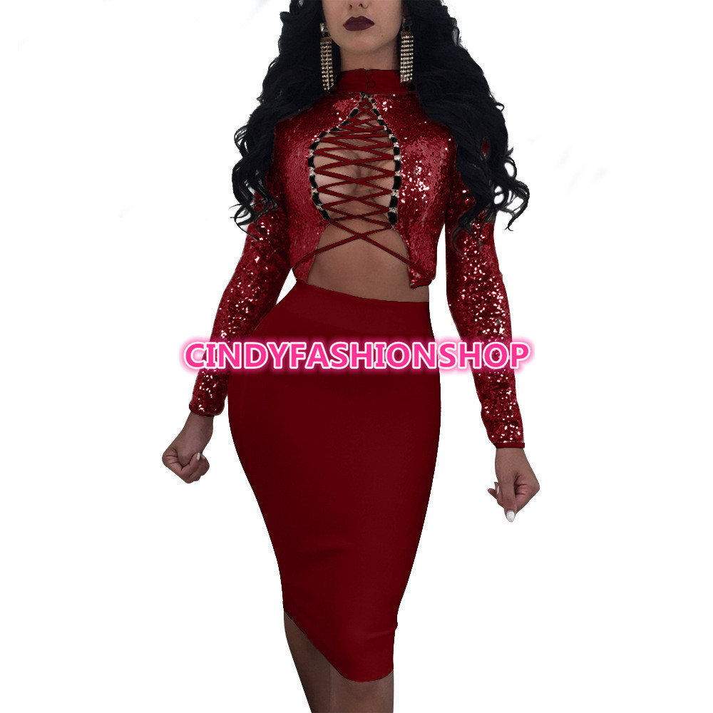 New Women Bandage Lace UP Hollow Out Sexy Turtleneck Sequined 2 Piece Top+Skirt