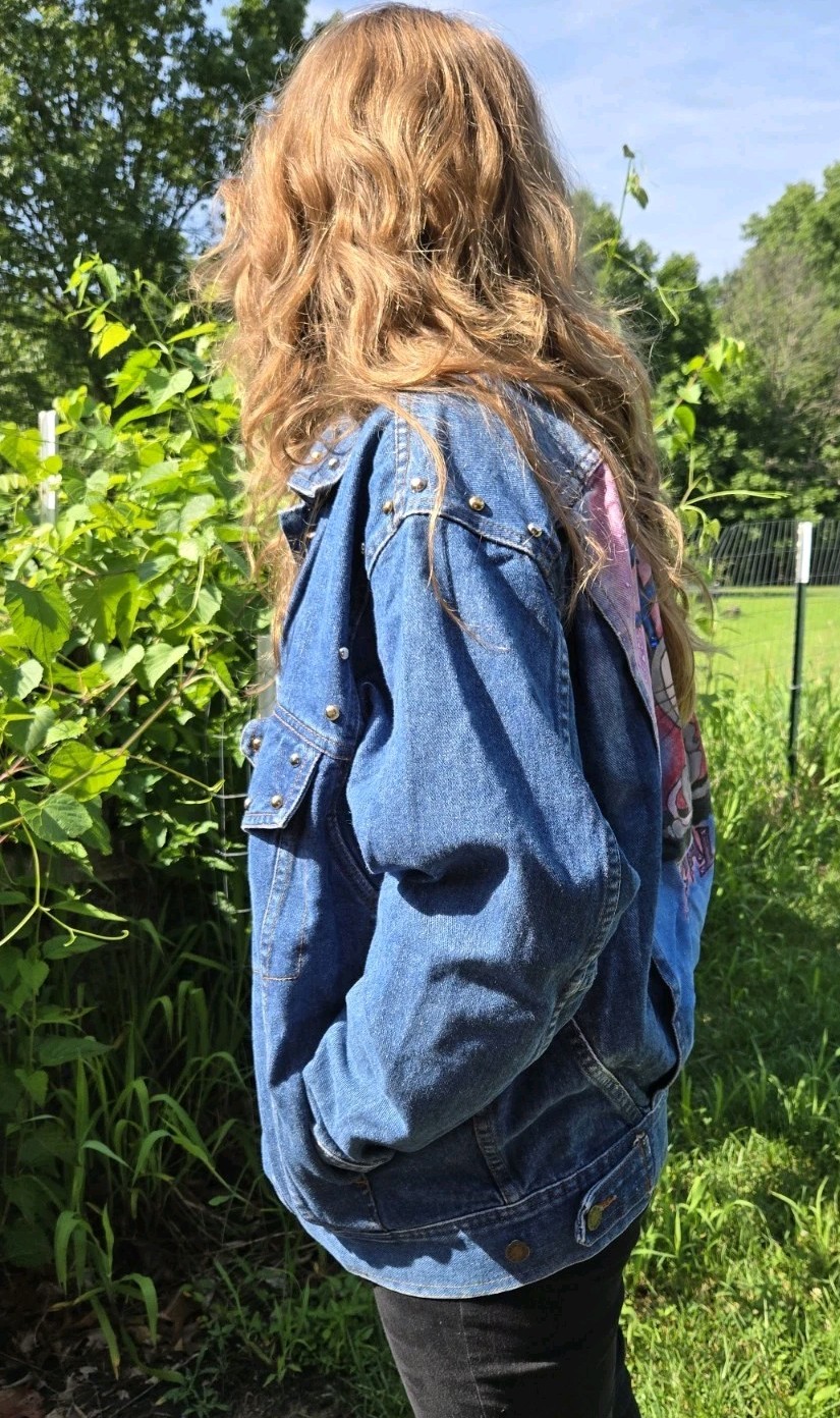 Vtg Denim Trucker Jacket Hand Painted PARTY ANIMAL Rat Studded ANZANI Sz S RARE!