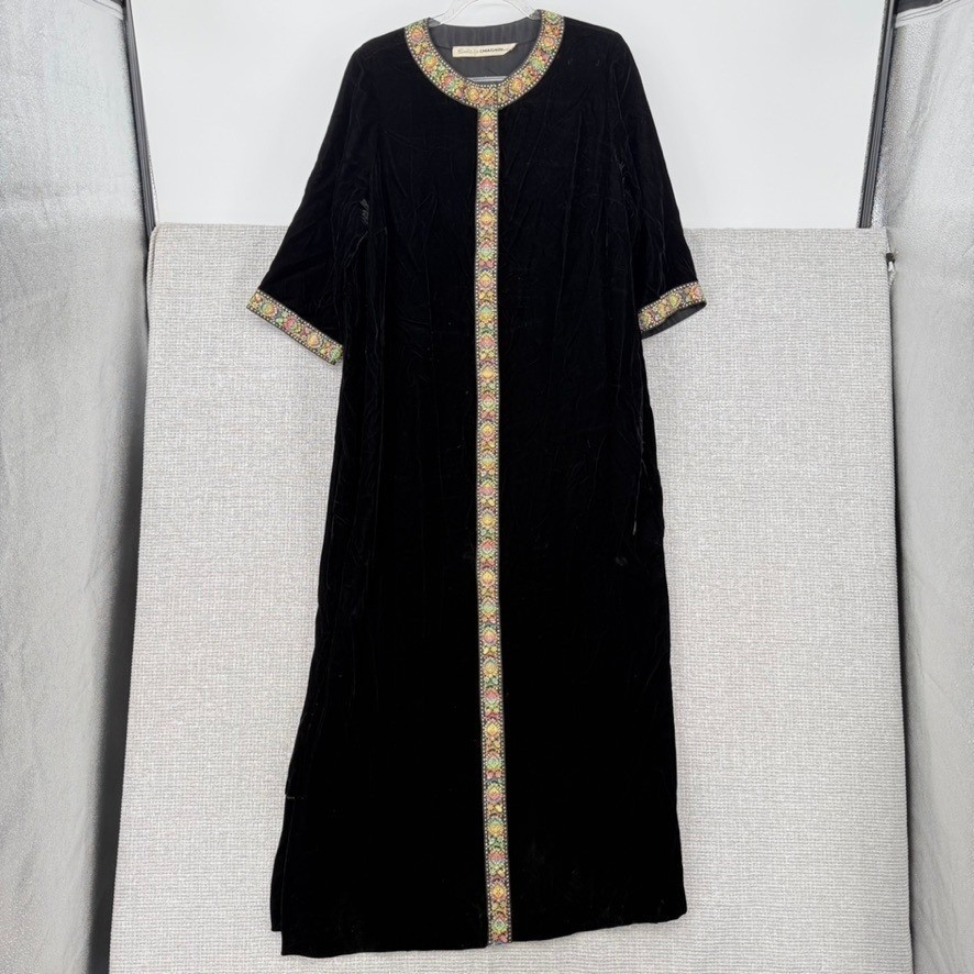 Vintage Sadie I Magnin Velvet Kaftan Robe Dress Women XL Embroidered Boho Goth