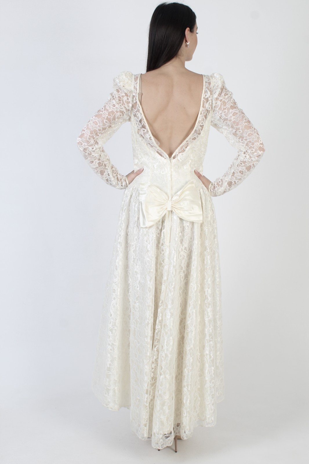 Vtg Alfred Angelo Asymmetrical Wedding Dress Victorian Cream Bridal Prom Gown
