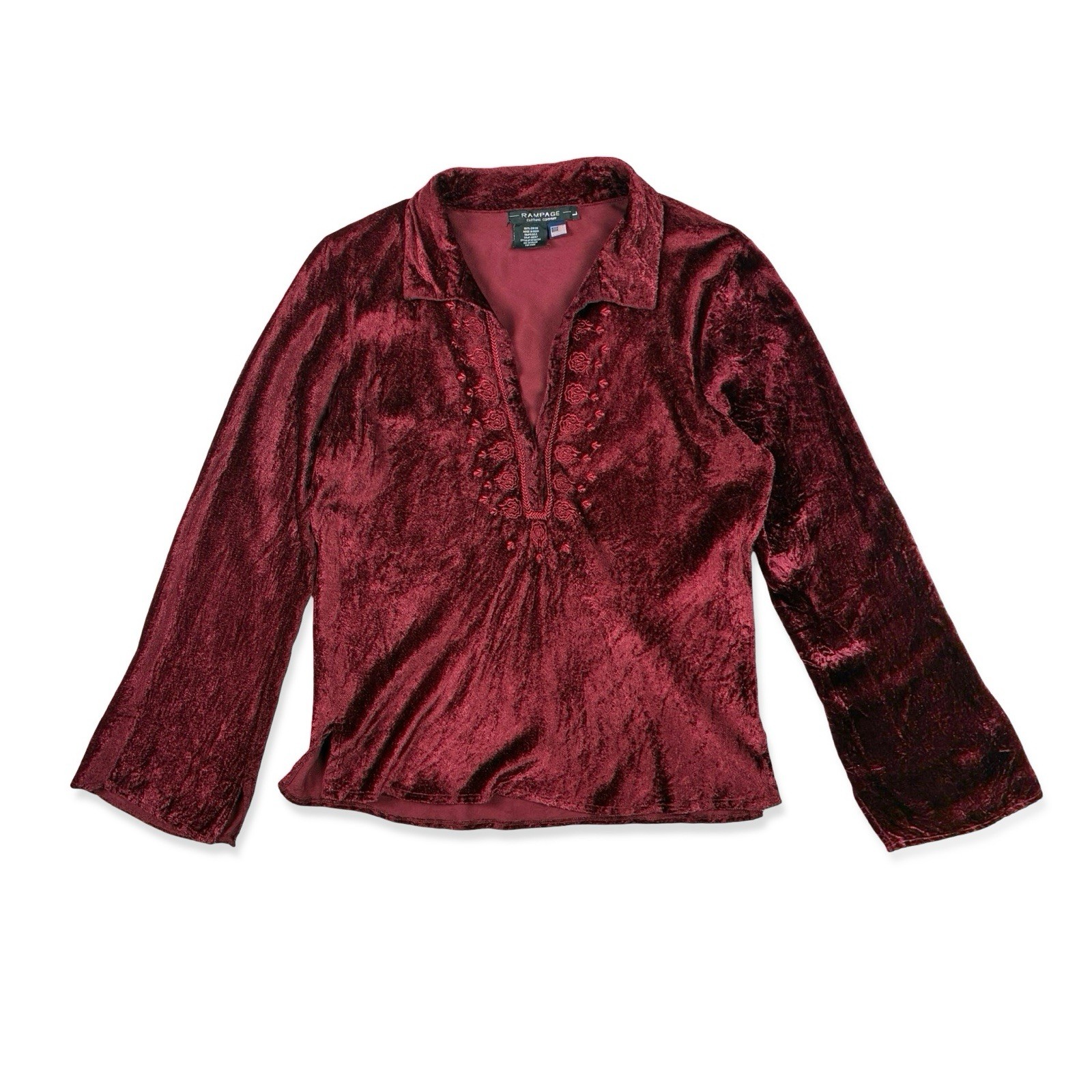 Rampage Vintage Burgundy Crushed Velvet Embroidered Top Boho Renaissan L