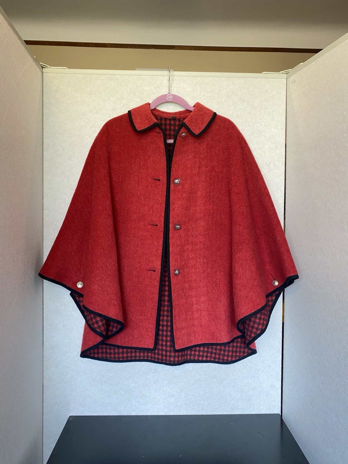 Vintage Wool Cape Red Black Reversible Solid Tartan Plaid Cloak Austrian Buttons