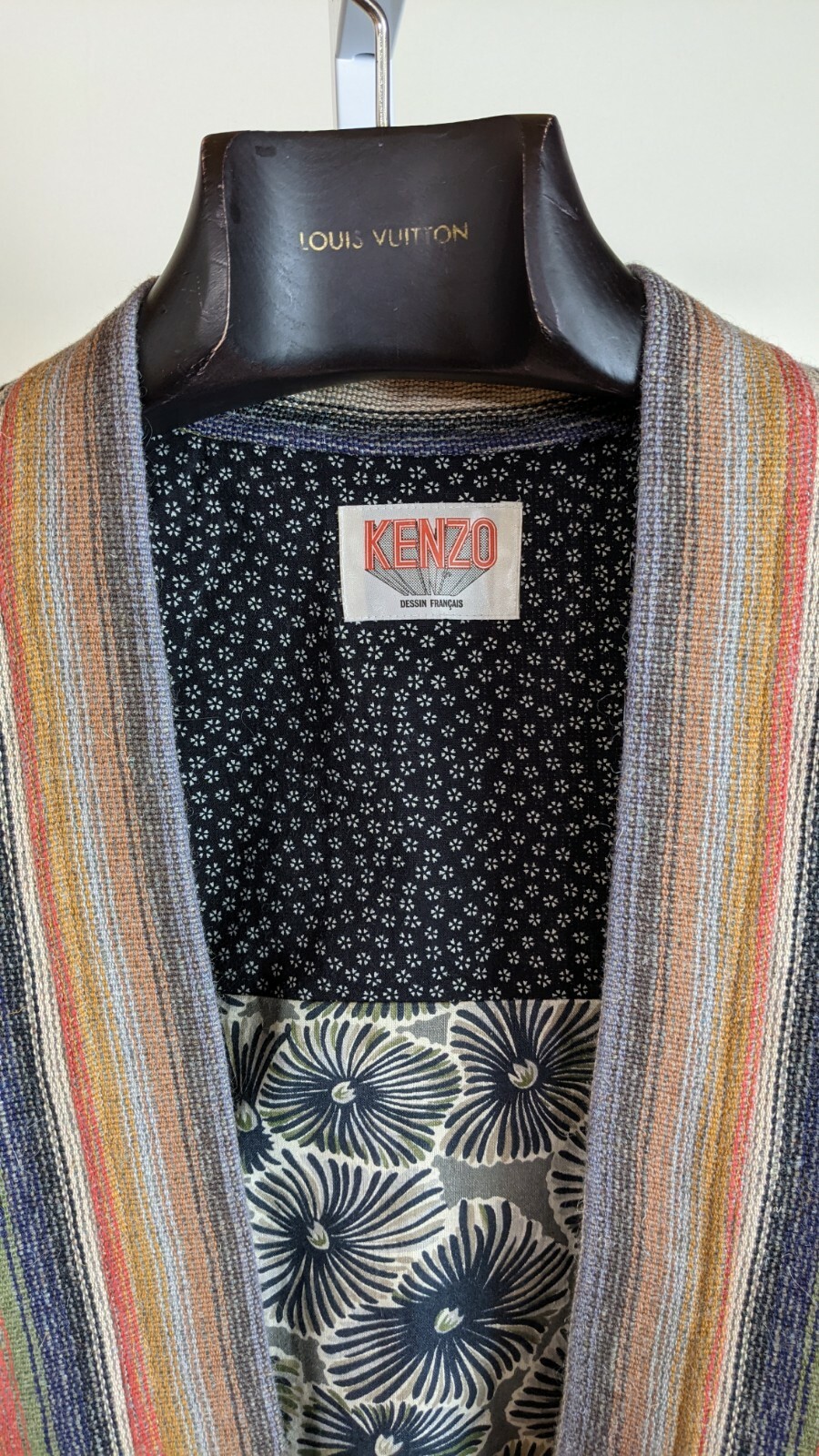 Kenzo Vintage 70s Multicolor Wool Stripe Floral Lining Tie Kimono Jacket France