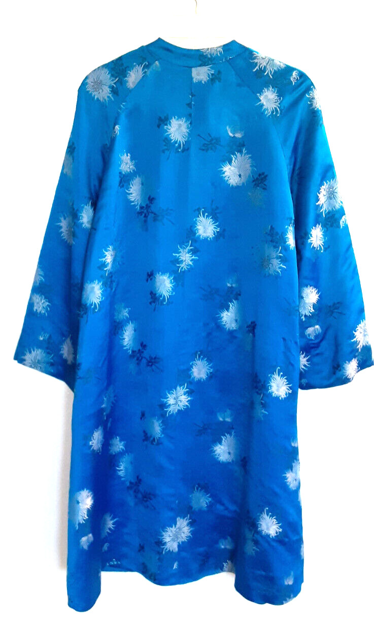 VTG Harilela&rsquo;s Custom Oriental Peacock Blue Satin Floral Swing Coat Hong Kong L