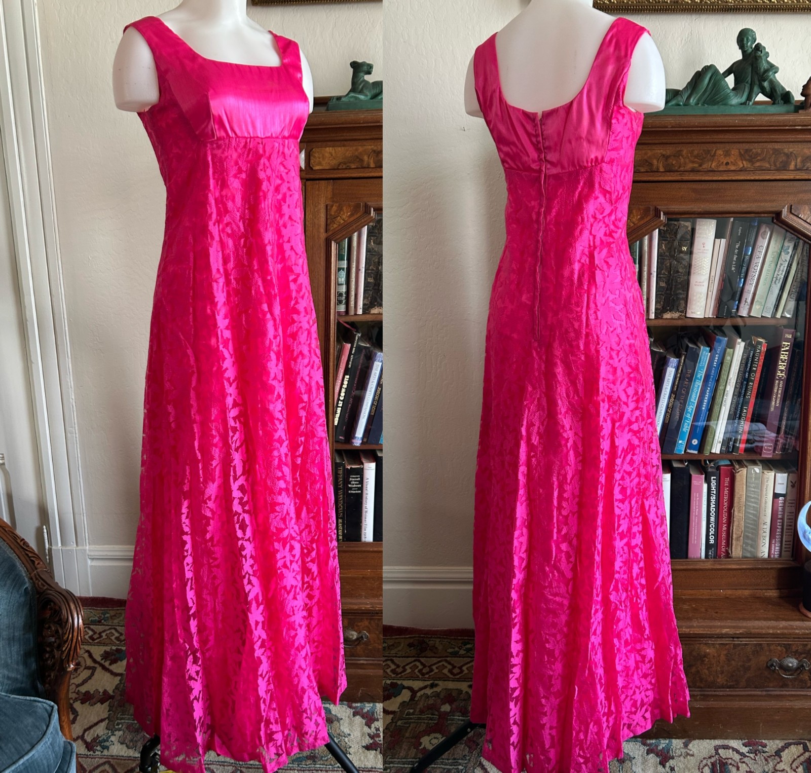Vintage 1960s HOT Pink Shiny Empire Waist Maxi Dress Lace Overlay Formal XS S