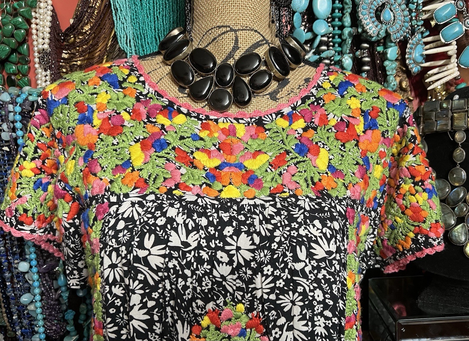 Beautiful “Sister Mary” Black And White Multi Floral Color Embroidery Oaxacan ML