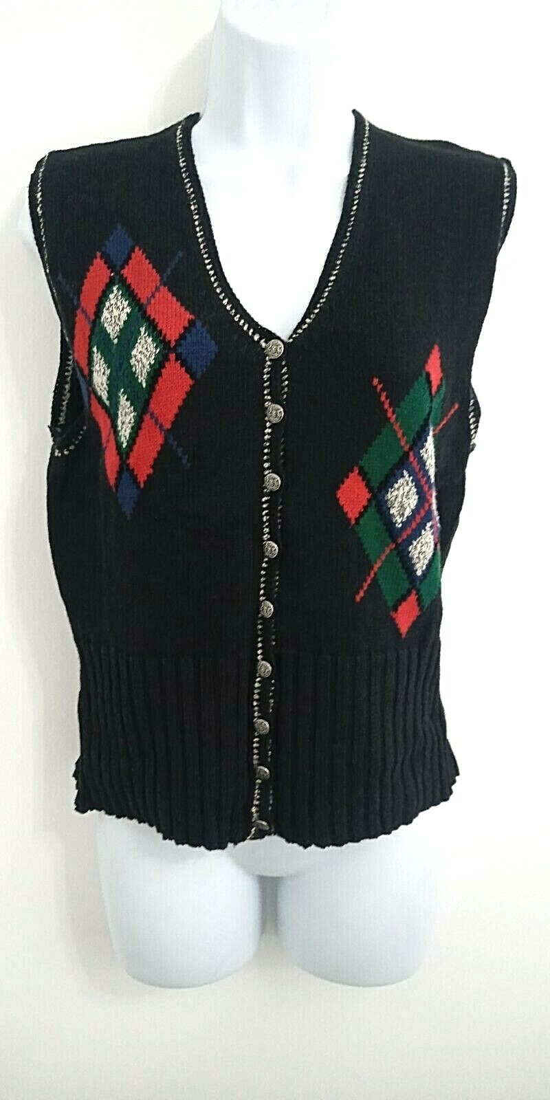 Vintage Susan Bristol Sweater Vest Women&rsquo;s S Small Black Argyle Preppy Grandma