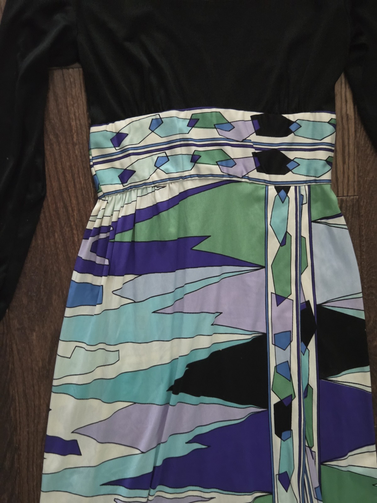 Vintage 70s Mod Maxi Dress Empire Waist Geometric Print Black Long Sleeve Boho