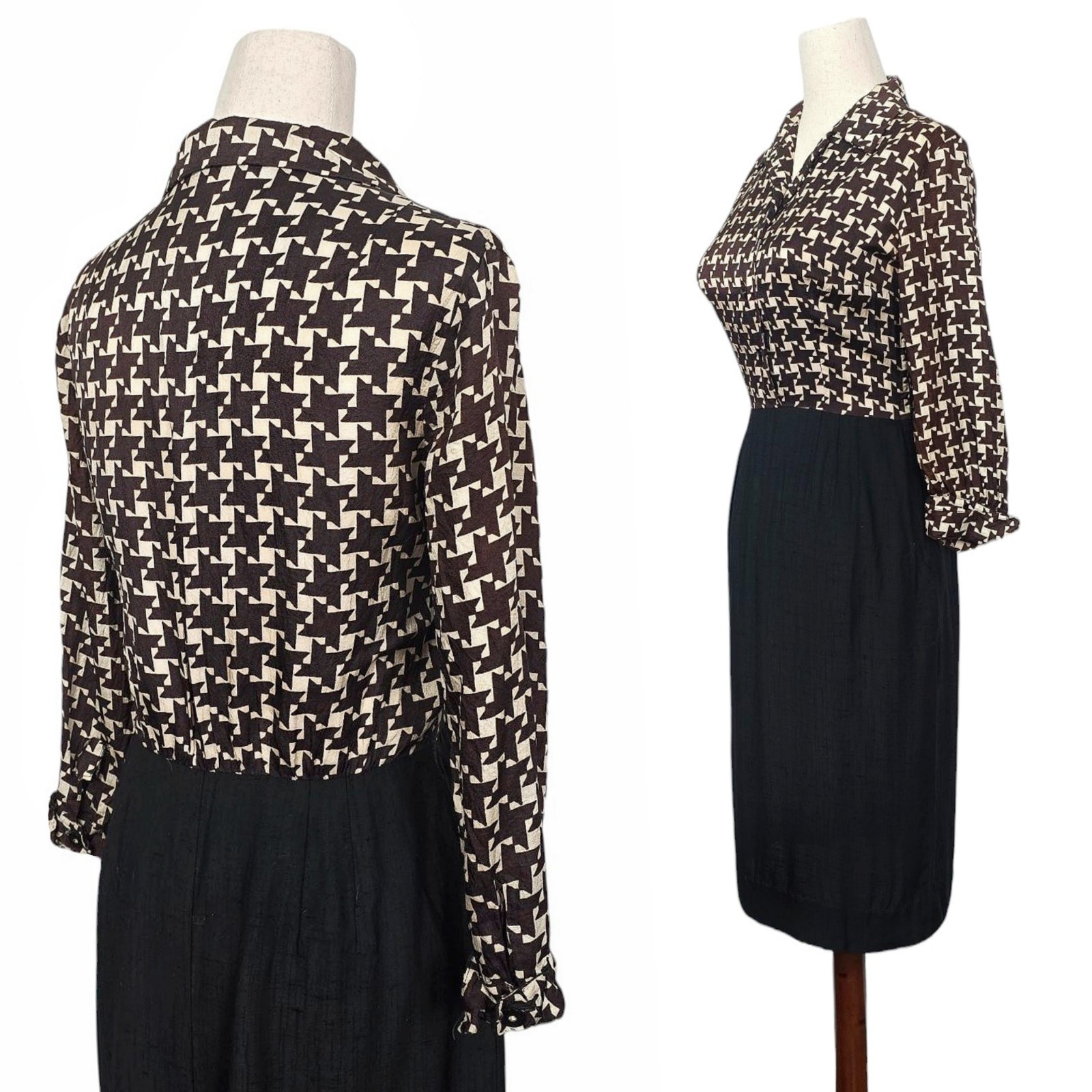 1950s Vintage Dress 50s Cocktail Wiggle Brown Cream Houndstooth Small Leslie Fay