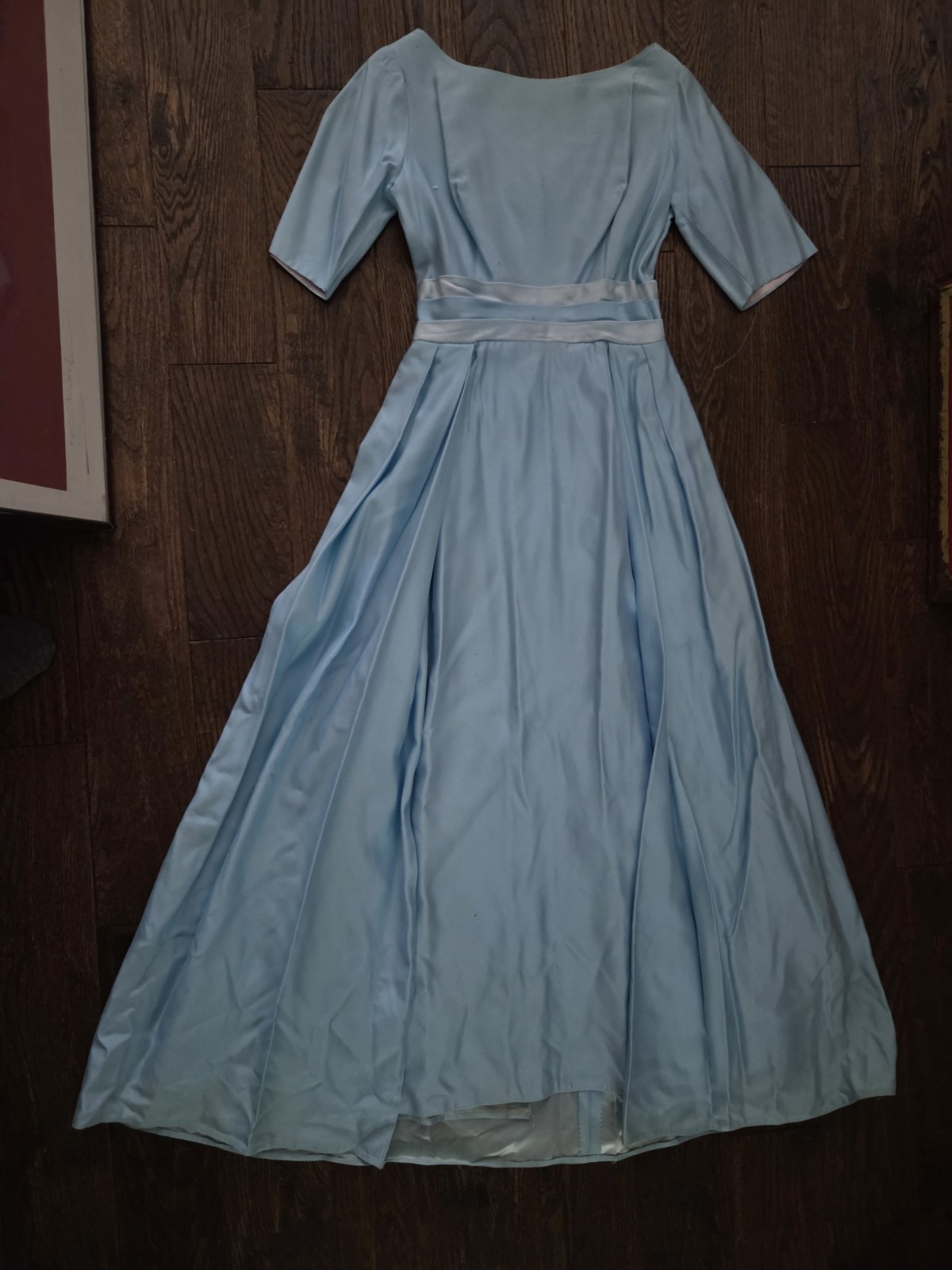 🩵Vintage 1950s 1960s Powder Blue Satin Formal Dress Empire Waist Full Skirt 🩵