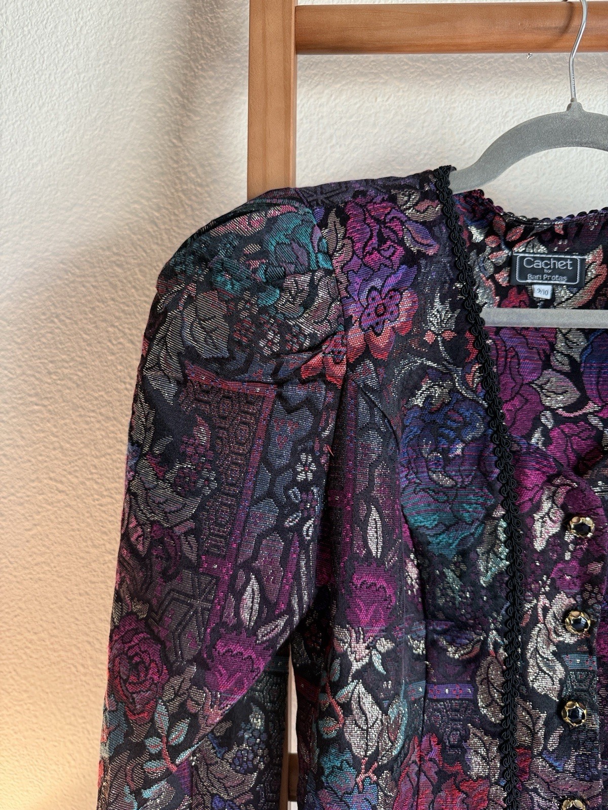 Vintage cachet metallic floral multicolored puff sleeve button front jacket MED