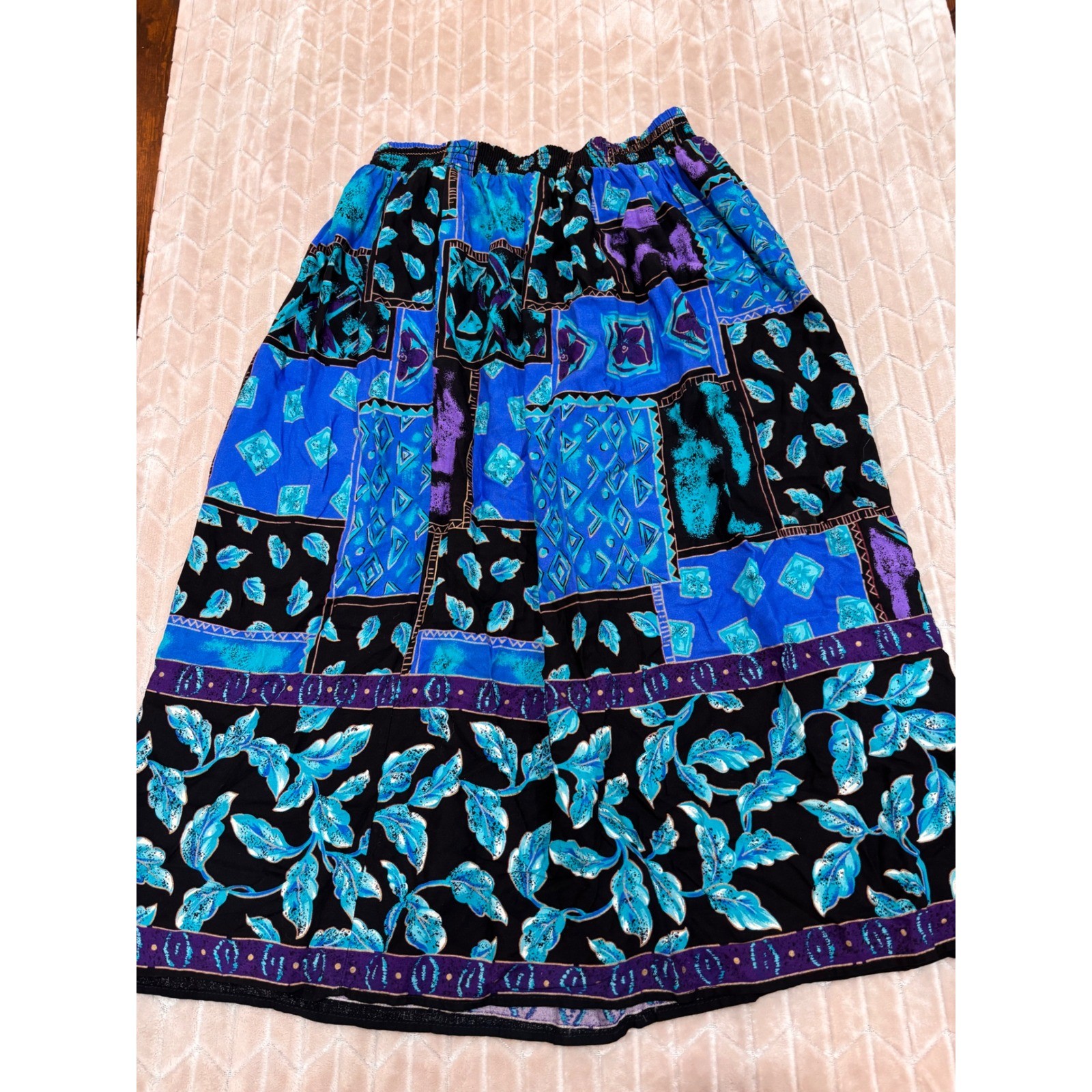 Vintage 90s Boho Patchwork Rayon Knee Length Skirt Small Art Teacher Whimsigoth
